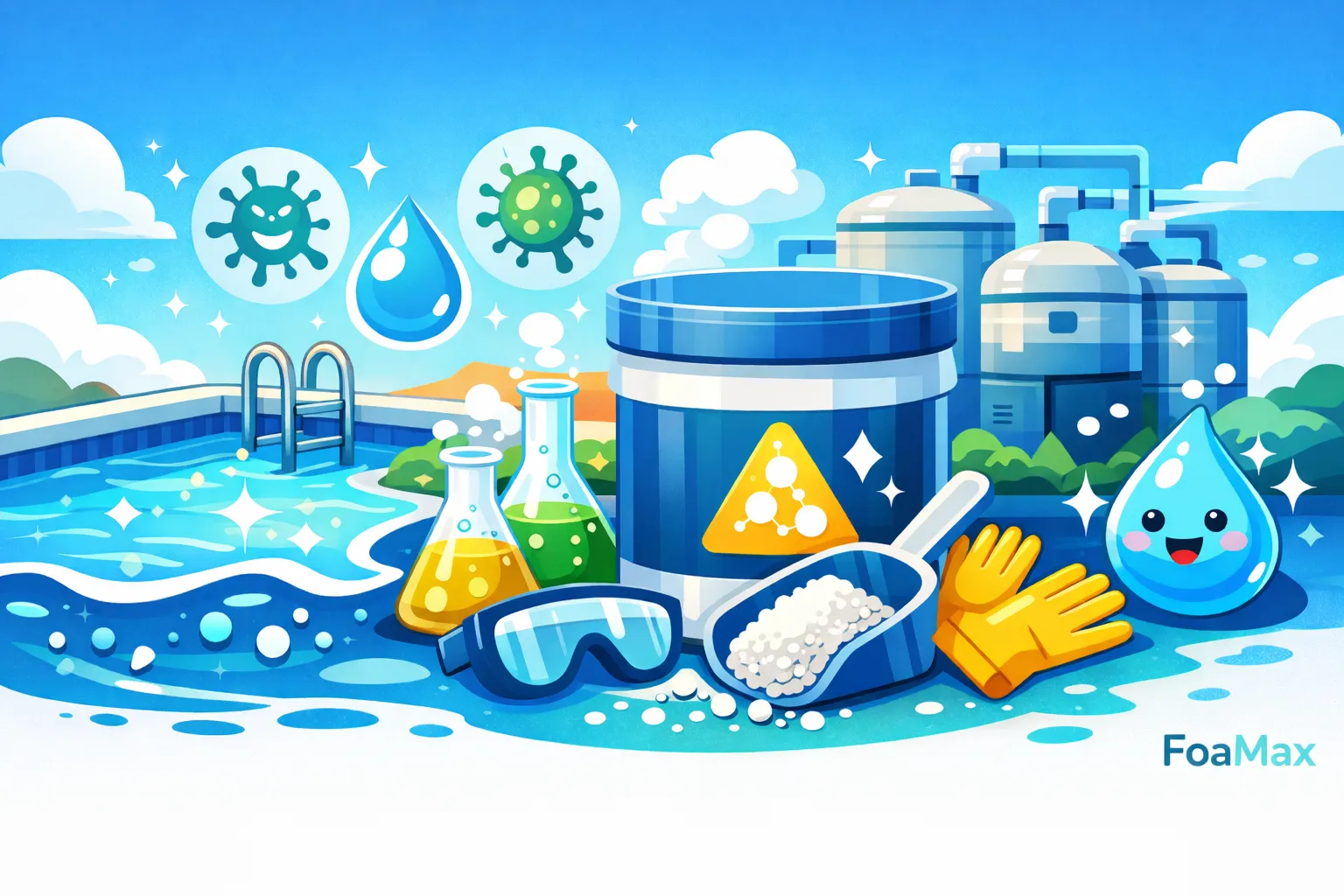 تصویر گرافیکی کلر پودری (هیپوکلریت کلسیم) با نمایش کاربرد صنعتی در ضدعفونی آب، استخر و صنایع شوینده