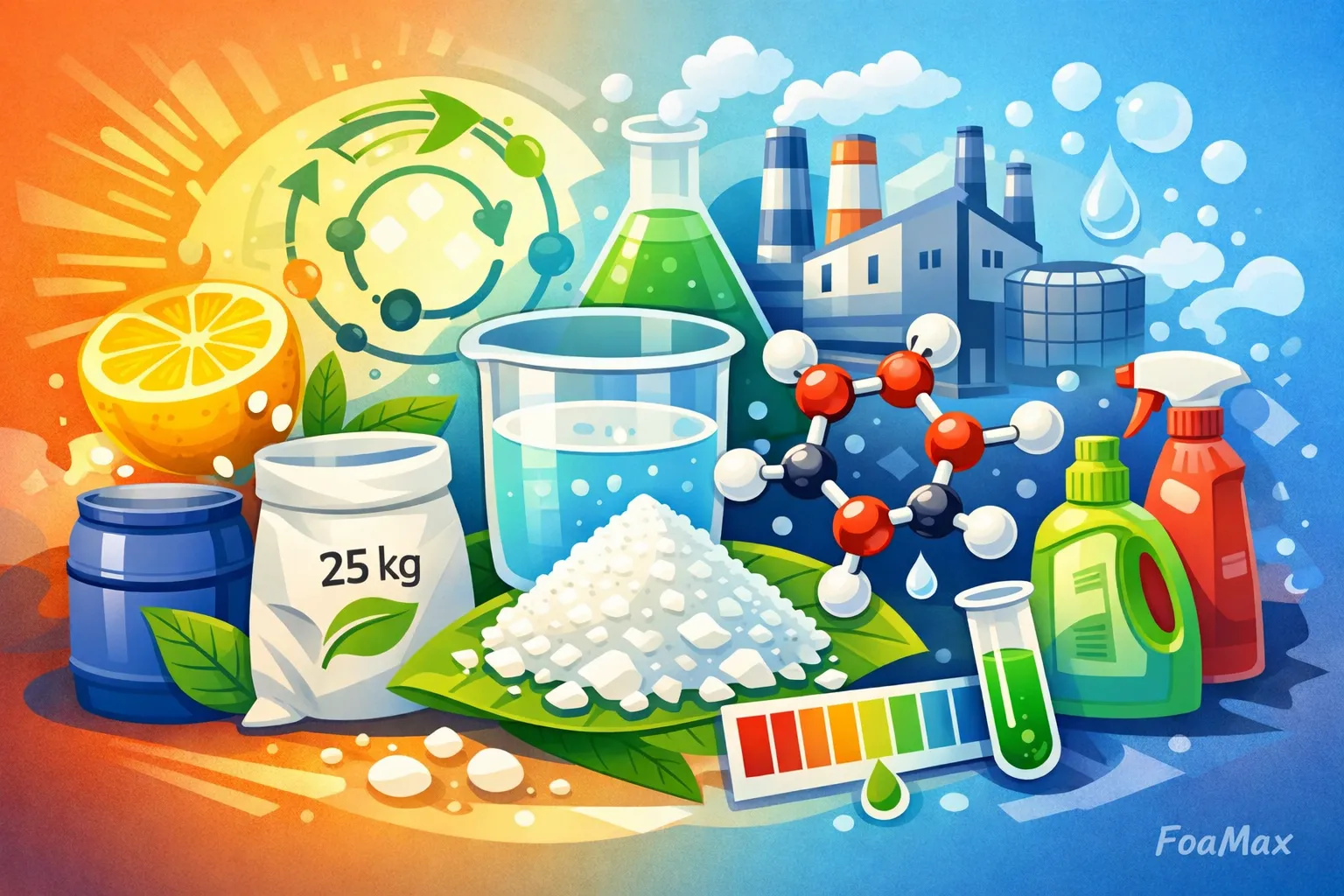 تصویر شماتیک اسید سیتریک خشک و آبدار با نمایش کاربرد صنعتی، شوینده و غذایی و ساختار مولکولی