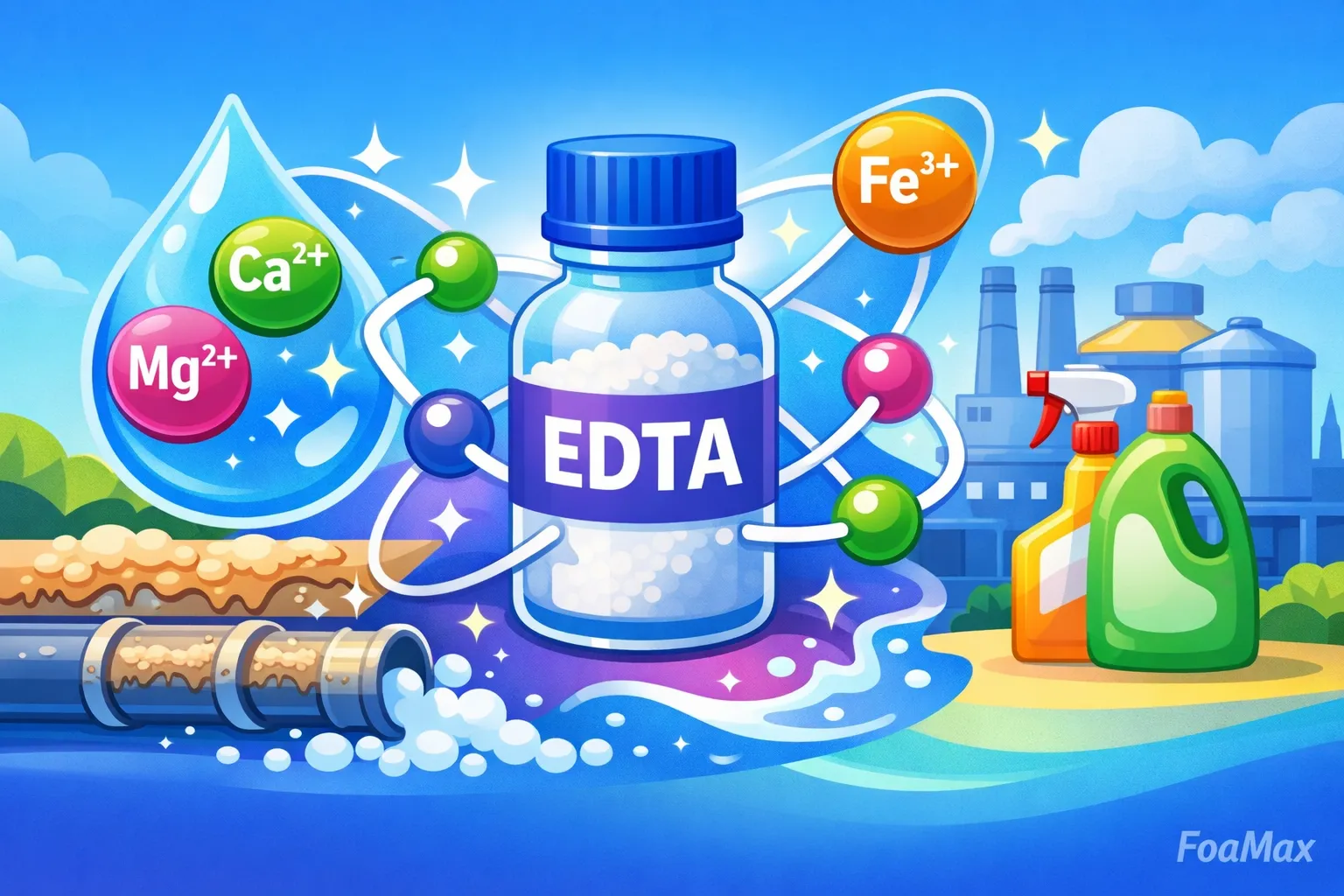 تصویر شماتیک EDTA بهعنوان عامل کلاتهکننده برای کنترل سختی آب و کاربرد در شویندههای صنعتی