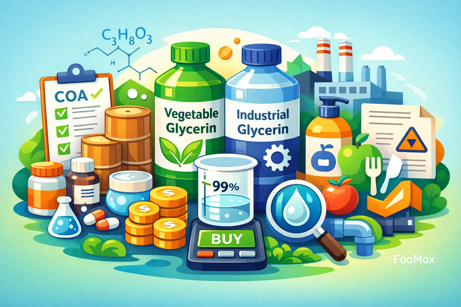 خرید گلیسیرین صنعتی و گیاهی با نمایش گریدهای مختلف، خلوص 99 درصد، کنترل کیفیت، COA و کاربردهای صنعتی