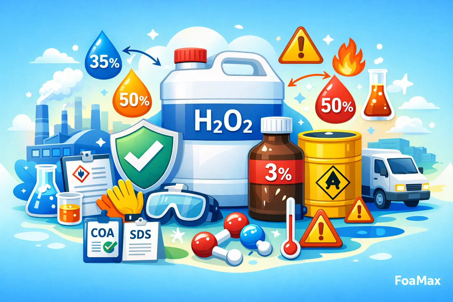 ایلوستریشن آب اکسیژنه (هیدروژن پراکسید) با نمایش کاربردهای صنعتی و ایمنی مصرف