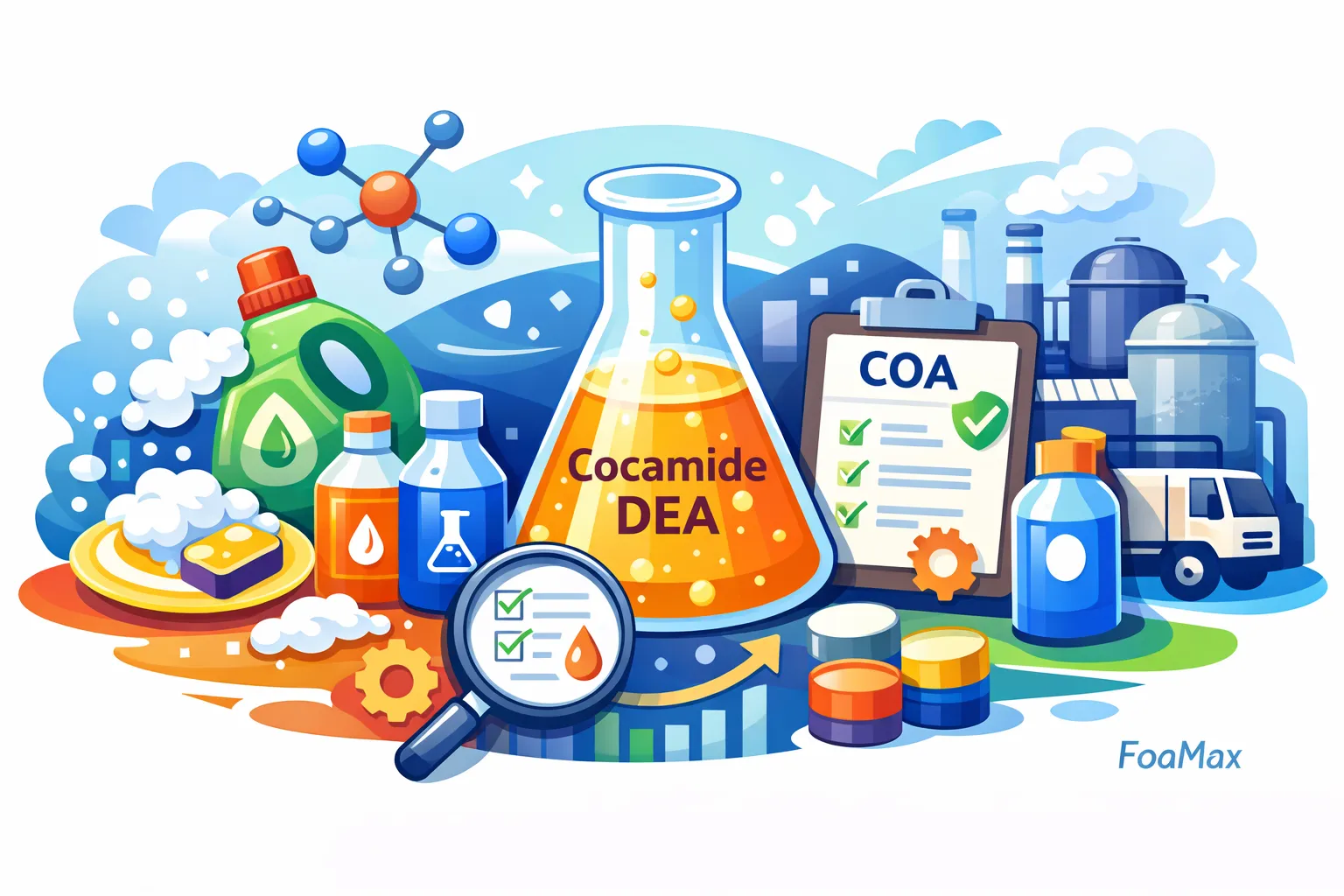 تصویرسازی صنعتی از لورامید (Cocamide DEA) به‌عنوان ماده اولیه شوینده، شامل بالن شیمیایی، کنترل کیفیت COA و کاربرد در فرمولاسیون محصولات شوینده