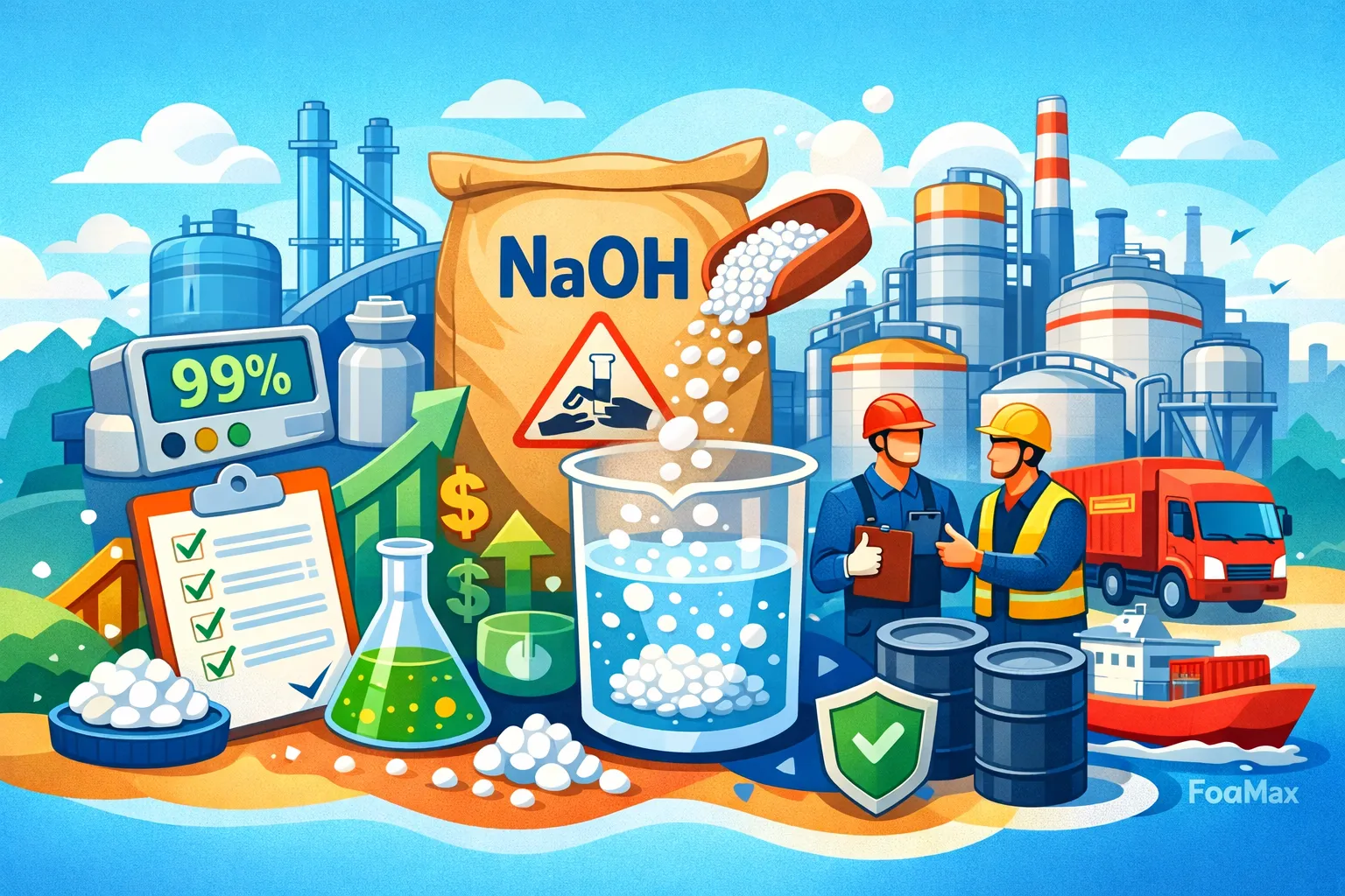 تصویر شماتیک سود گرانول صنعتی (سدیم هیدروکسید NaOH) با نمایش کاربردهای صنعتی، ایمنی کار و استفاده در فرآیندهای شیمیایی