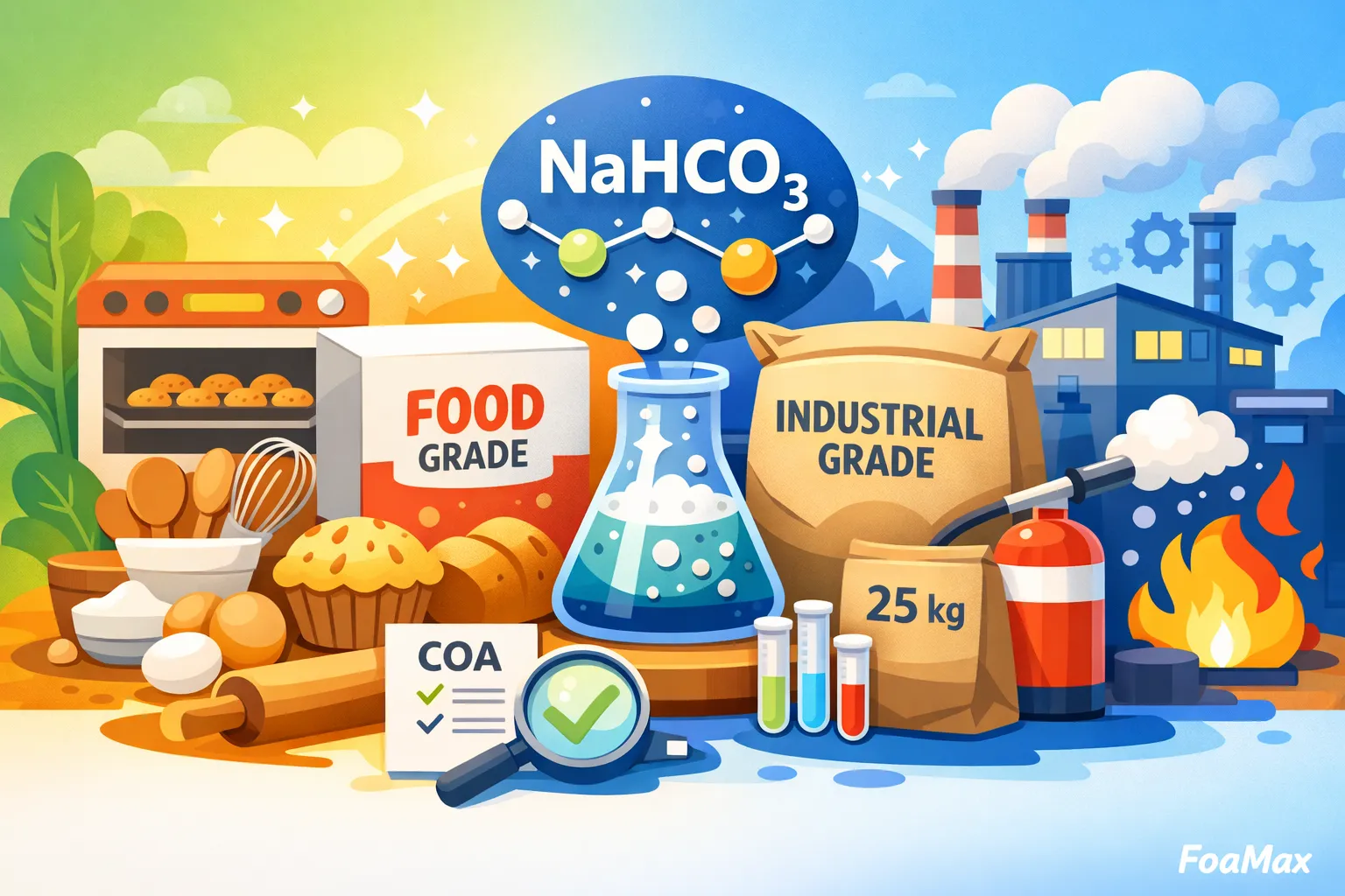 ایلوستریشن بیکربنات سدیم (جوش شیرین) با نمایش کاربردهای صنعتی و خوراکی