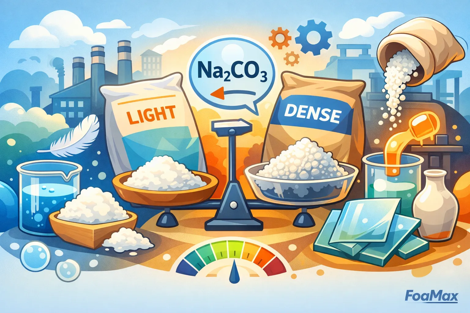 تصویر مفهومی کاربرد کربنات سدیم (Soda Ash) سبک و سنگین در صنایع شوینده، شیشه و فرآیندهای صنعتی