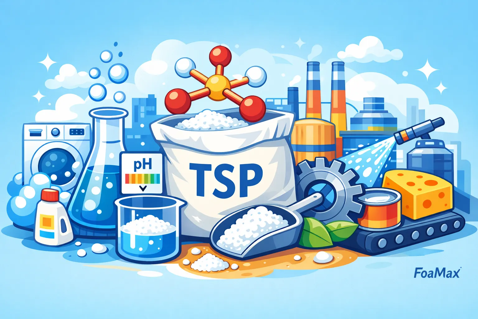 تصویر شماتیک کاربرد تری سدیم فسفات (TSP) در صنایع شوینده، تنظیم pH، کاهش سختی آب و فرمولاسیون صنعتی