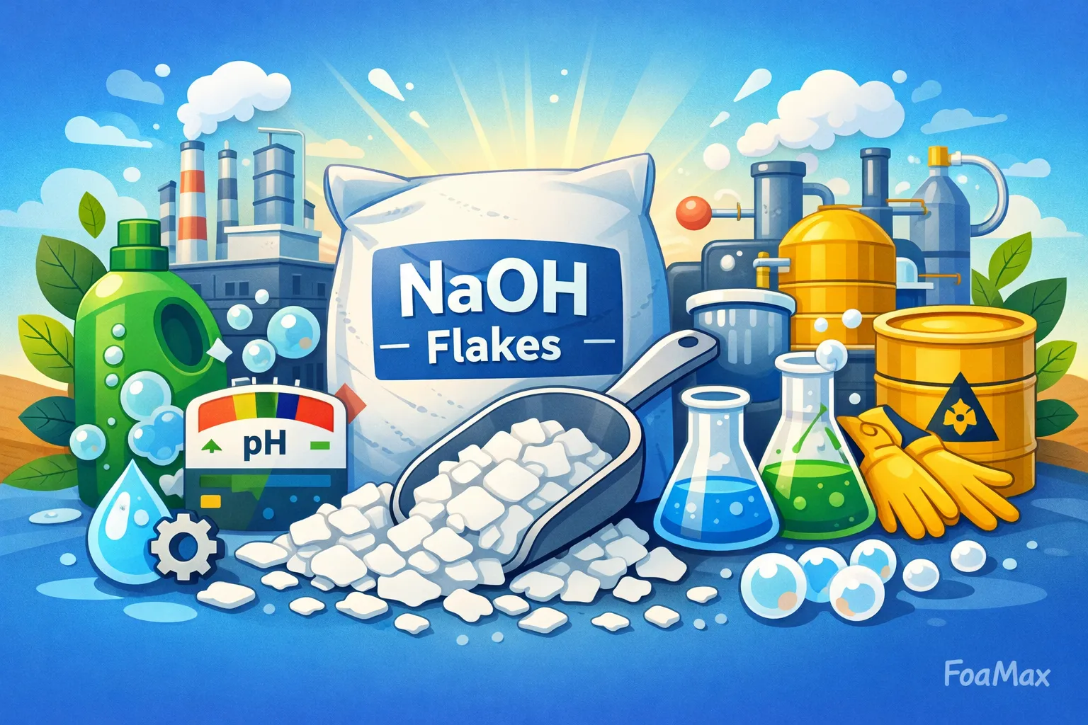 تصویر شماتیک سود پرک (سدیم هیدروکسید) با نمایش کاربرد صنعتی در شویندههای قلیایی و تنظیم pH