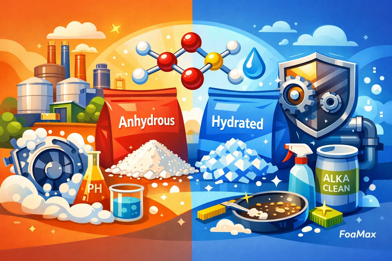 تصویر شماتیک متاسیلیکات سدیم در شوینده‌های قلیایی با نمایش کاربرد صنعتی، چربی‌بر و مهار خوردگی