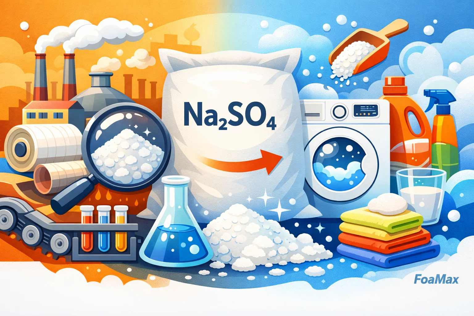 تصویر شماتیک سولفات سدیم در صنعت شوینده با نمایش پودر، کاربرد در پودر لباسشویی و نقش پرکننده