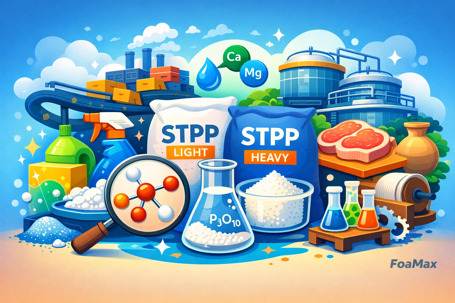تصویر مفهومی سدیم تری پلی فسفات STPP لایت و سنگین و نقش آن در فرمولاسیون شویندههای صنعتی