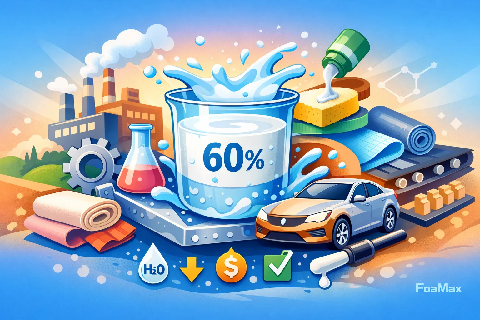 تصویر شماتیک سیلیکون امولشن 60 درصد به‌عنوان افزودنی آب‌پایه در صنایع شوینده، نساجی و واکس