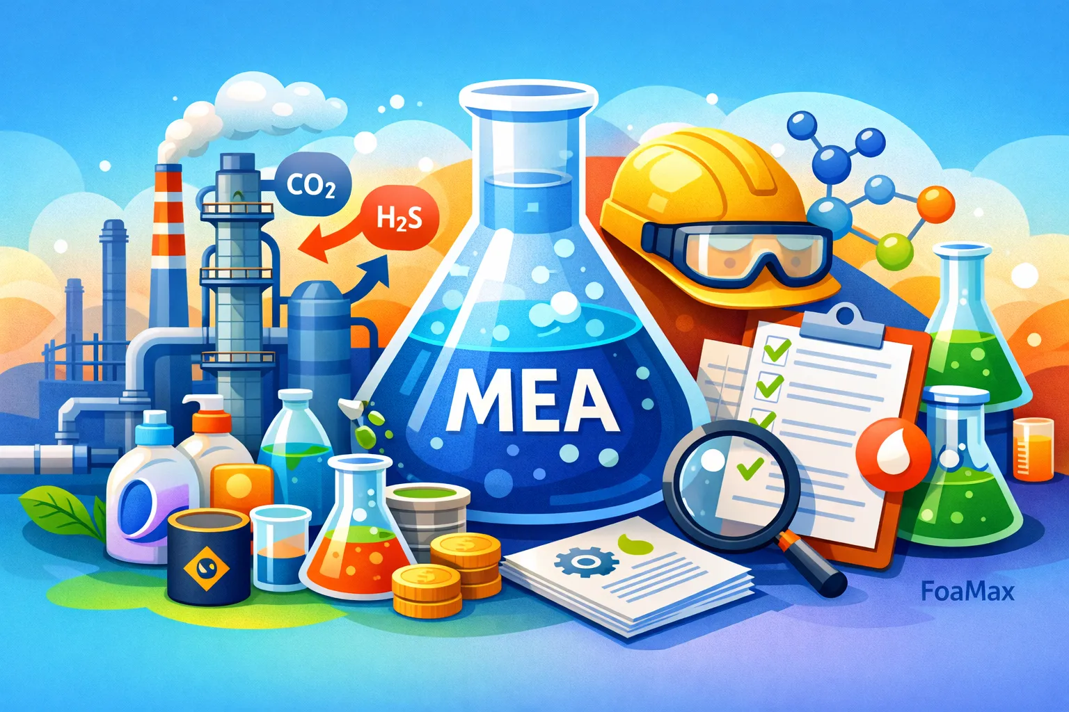 تصویر شماتیک مونو اتانول آمین (MEA) و کاربردهای صنعتی آن در فرمولاسیون شوینده‌ها، تصفیه گاز و فرآیندهای شیمیایی