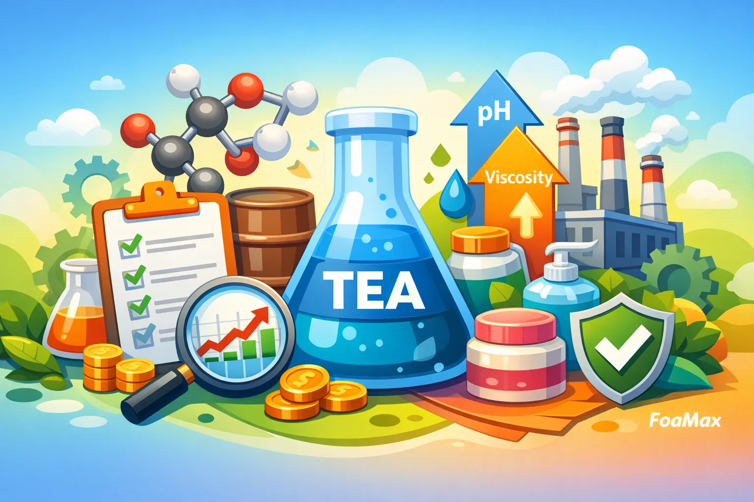 تصویر شماتیک تری اتانول آمین (TEA) و نقش آن در تنظیم pH، افزایش ویسکوزیته و پایداری فرمولاسیون‌های شوینده و صنعتی
