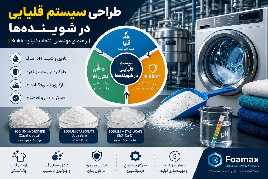 طراحی سیستم قلیایی در شوینده‌ها شامل انتخاب قلیا، Builder و کنترل pH برای بهبود عملکرد فرمولاسیون