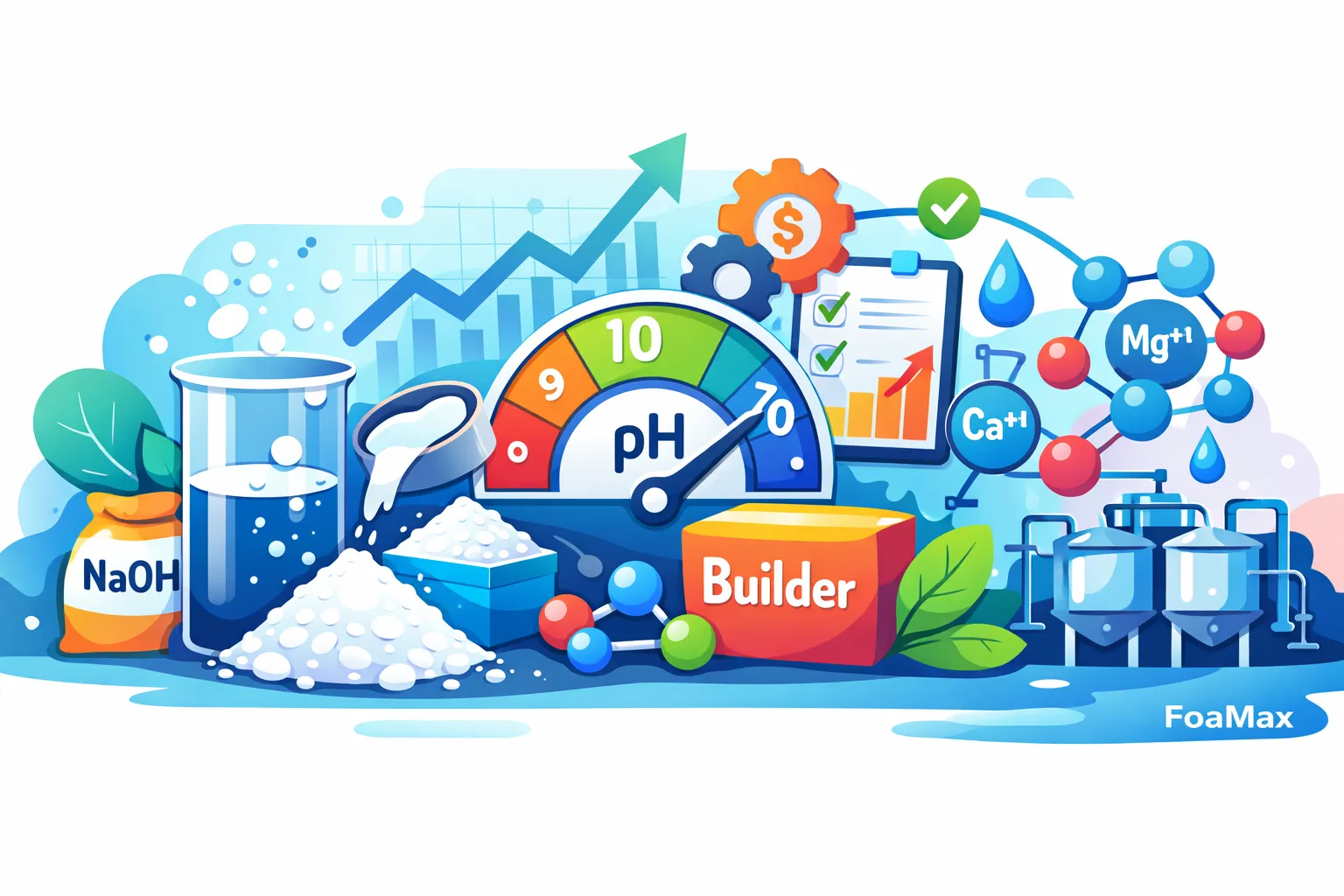 نمای شماتیک سیستم قلیایی در شویندهها شامل قلیا، Builder و کنترل pH در فرمولاسیون صنعتی