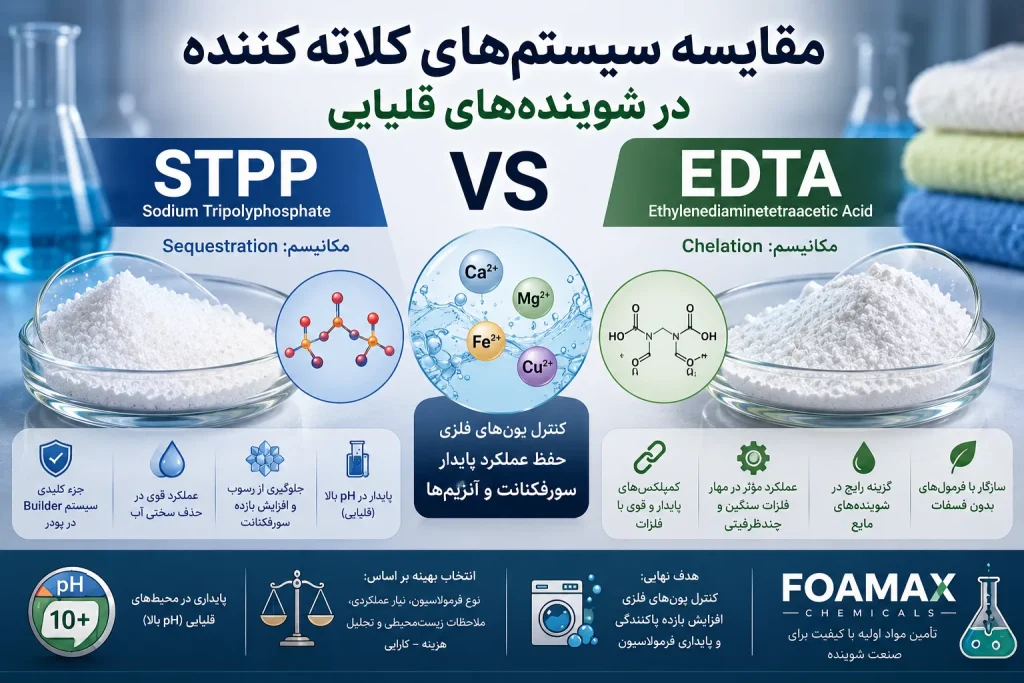 مقایسه STPP و EDTA در شوینده‌های قلیایی از نظر کلاته‌کنندگی، کنترل سختی آب، مهار یون‌های فلزی و پایداری فرمولاسیون