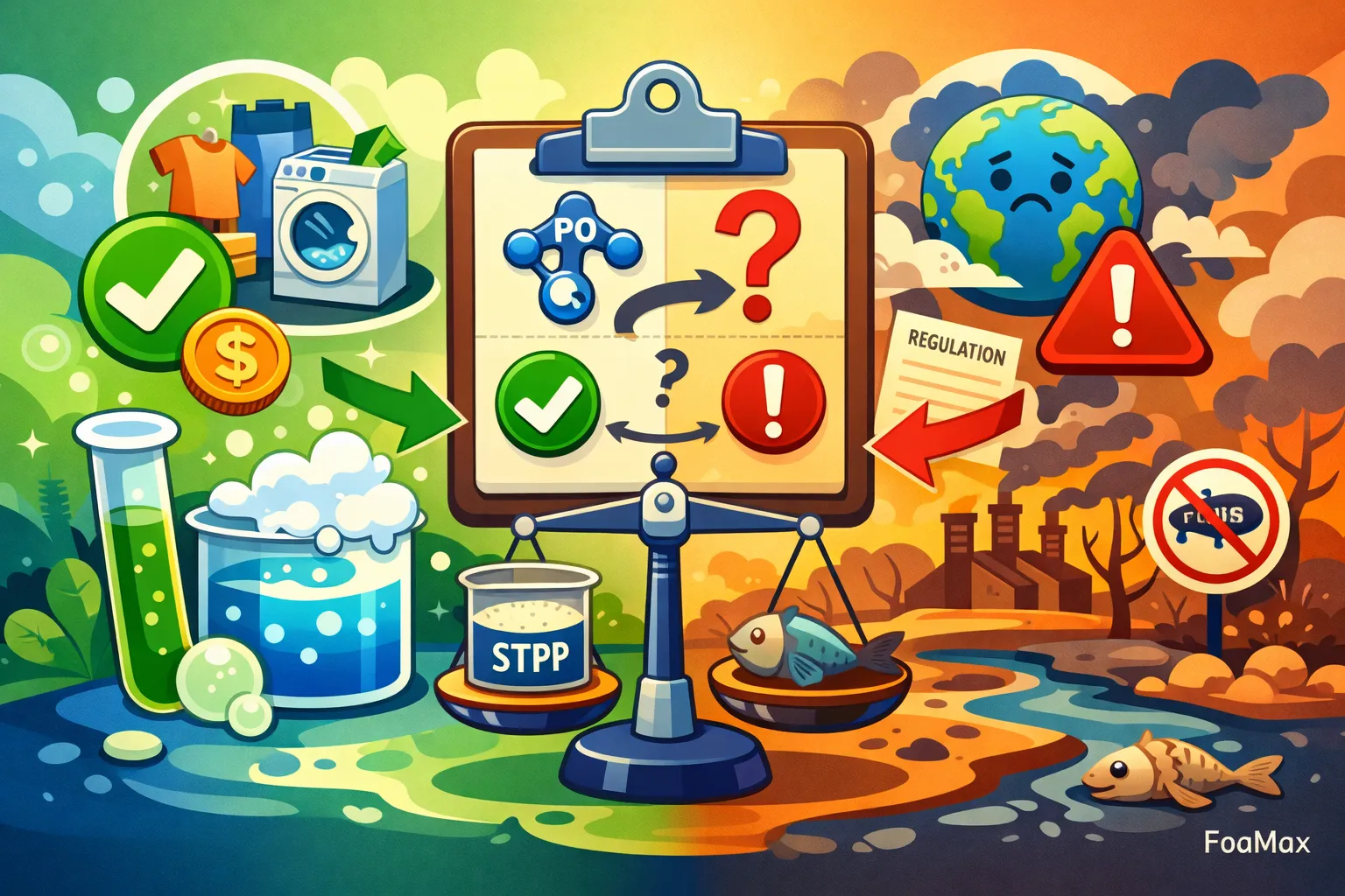 تصویر مفهومی تصمیم‌گیری درباره استفاده از سیستم‌های فسفاتی در شوینده‌ها بر اساس عملکرد، استاندارد و شرایط کاربرد