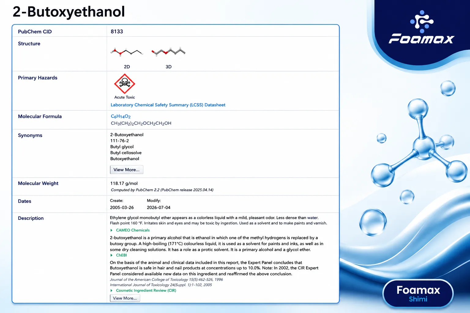 نمایی از صفحه PubChem شامل اطلاعات 2-Butoxyethanol (Butyl Glycol) مانند فرمول مولکولی، ساختار شیمیایی، وزن مولکولی، نام‌های مترادف و خلاصه اطلاعات ایمنی