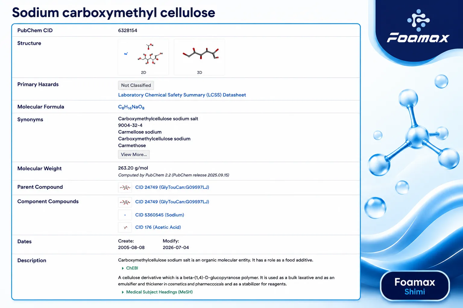 نمایی از صفحه PubChem شامل اطلاعات کربوکسی متیل سلولز (Sodium Carboxymethyl Cellulose یا CMC) مانند فرمول مولکولی، ساختار شیمیایی، وزن مولکولی، نام‌های مترادف و مشخصات ایمنی