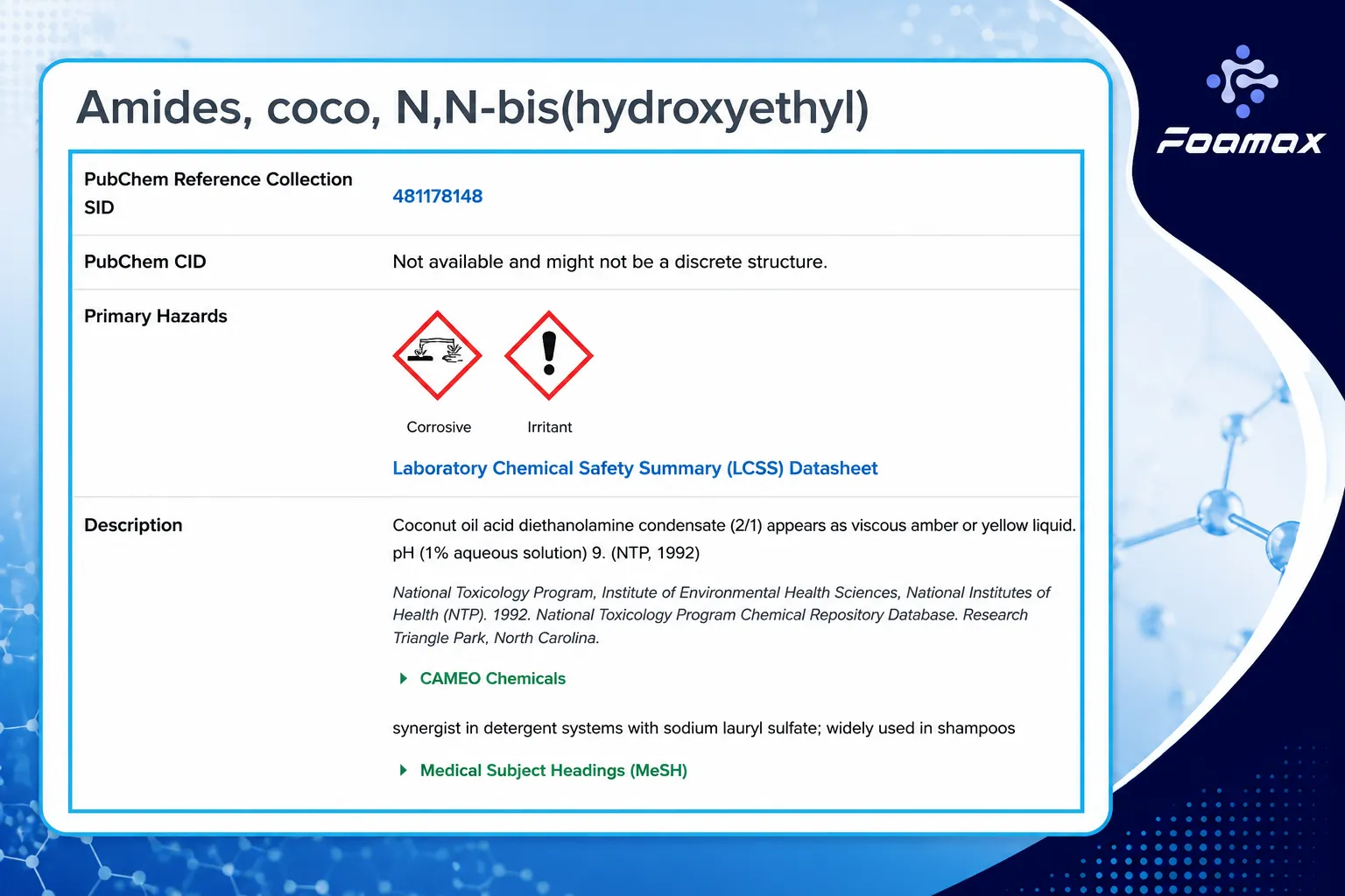 تصویر صفحه PubChem مربوط به کوکامید DEA (Cocamide DEA) یا Amides, coco, N,N-bis(hydroxyethyl) شامل اطلاعات شیمیایی، هشدارهای ایمنی و مشخصات فنی این ماده
