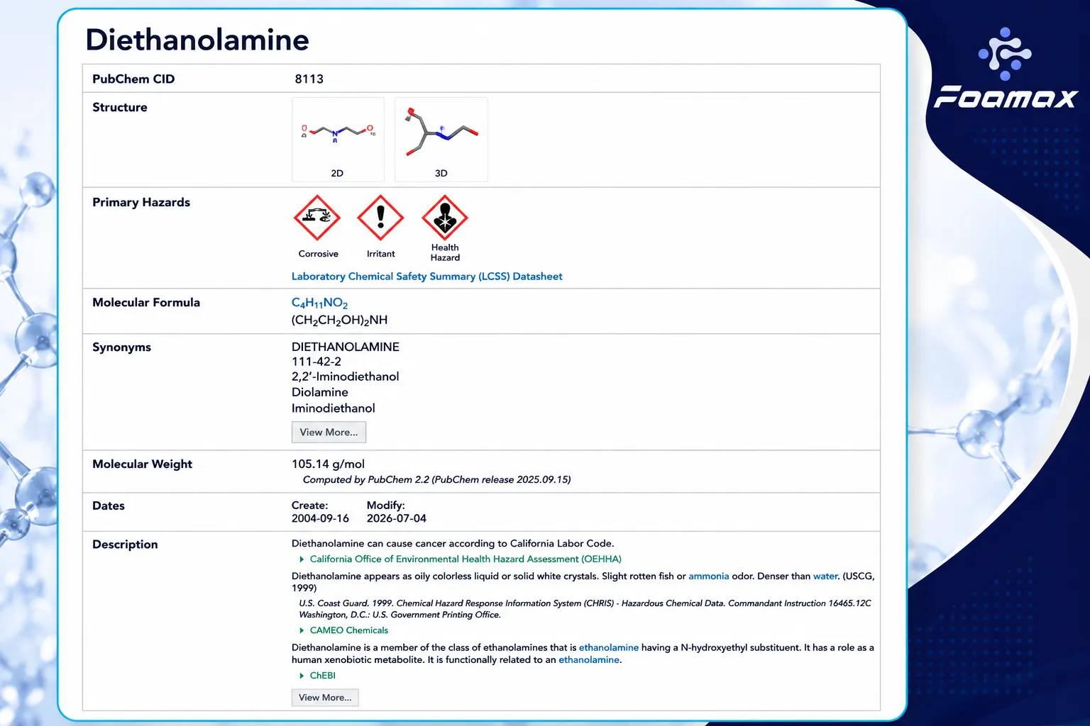تصویر صفحه PubChem مربوط به دی اتانول آمین (Diethanolamine یا DEA) شامل ساختار شیمیایی، فرمول مولکولی، وزن مولکولی، مشخصات فنی و اطلاعات ایمنی این ماده شیمیایی