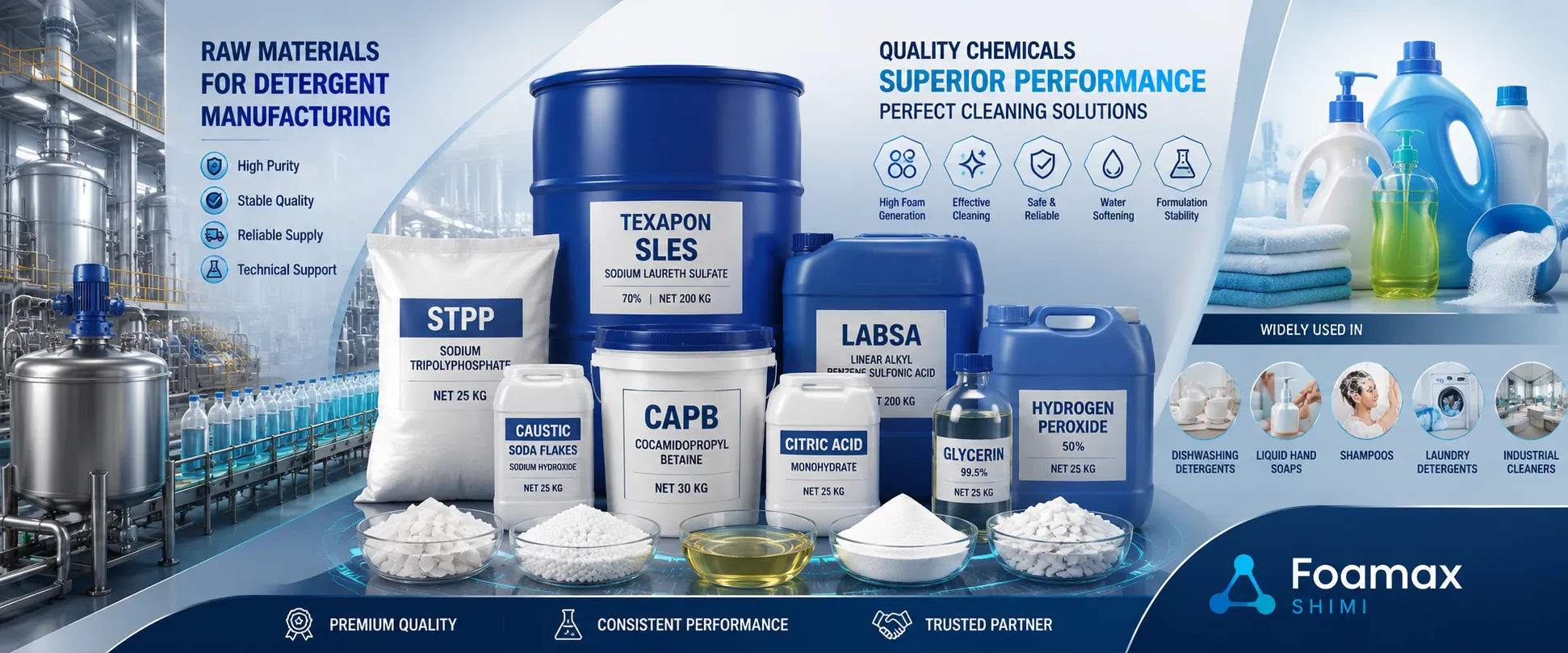 خرید مواد اولیه تولید شوینده شامل تگزاپون SLES، اسید سولفونیک LABSA، CAPB، STPP، سود پرک، گلیسیرین و سایر مواد شیمیایی مورد استفاده در صنایع شوینده و بهداشتی