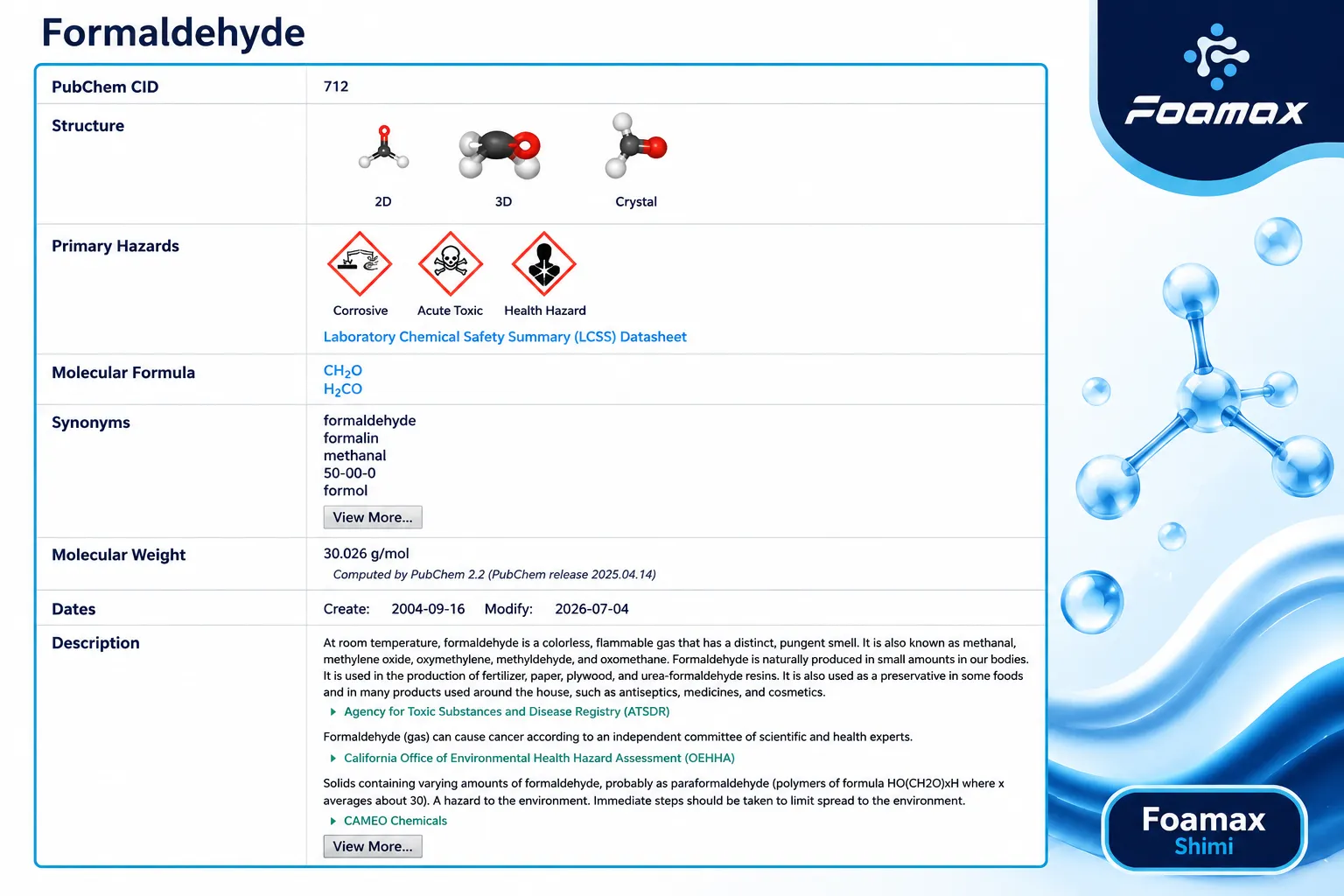 نمایی از صفحه PubChem شامل اطلاعات فرمالدهید (Formaldehyde) مانند فرمول مولکولی، ساختار شیمیایی، وزن مولکولی، نام‌های مترادف و هشدارهای ایمنی