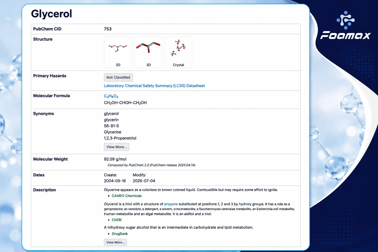 تصویر صفحه PubChem مربوط به گلیسرول (گلیسیرین) شامل ساختار شیمیایی، فرمول مولکولی، وزن مولکولی، مشخصات فنی و اطلاعات ایمنی این ماده شیمیایی