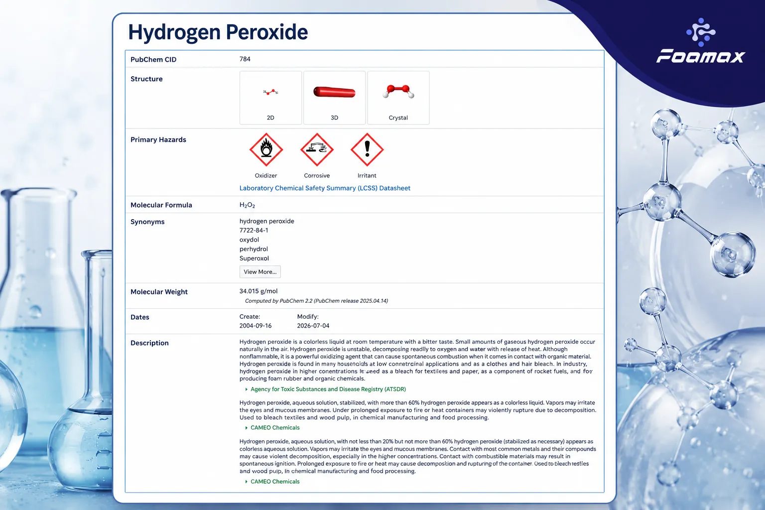تصویر مشخصات شیمیایی آب اکسیژنه (Hydrogen Peroxide) شامل فرمول H₂O₂، ساختار مولکولی، خطرات، جرم مولکولی و اطلاعات مرجع PubChem