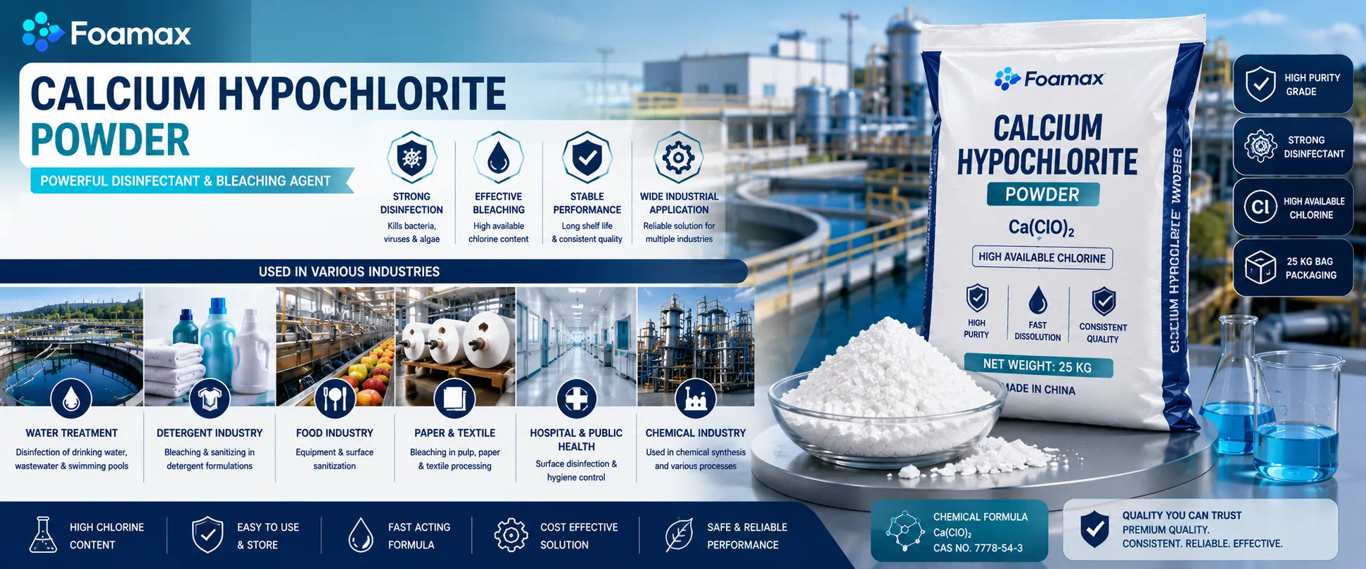 خرید پودر کلر یا کلسیم هیپوکلریت (Calcium Hypochlorite) با نمایش کیسه صنعتی، پودر سفید کلردار و کاربرد در تصفیه آب، ضدعفونی استخرها و صنایع بهداشتی