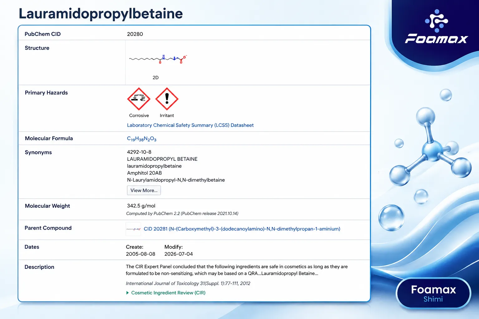 تصویر خلاصه اطلاعات Lauramidopropyl Betaine در PubChem شامل ساختار شیمیایی، فرمول مولکولی، مشخصات ایمنی و لوگوی فومکس شیمی