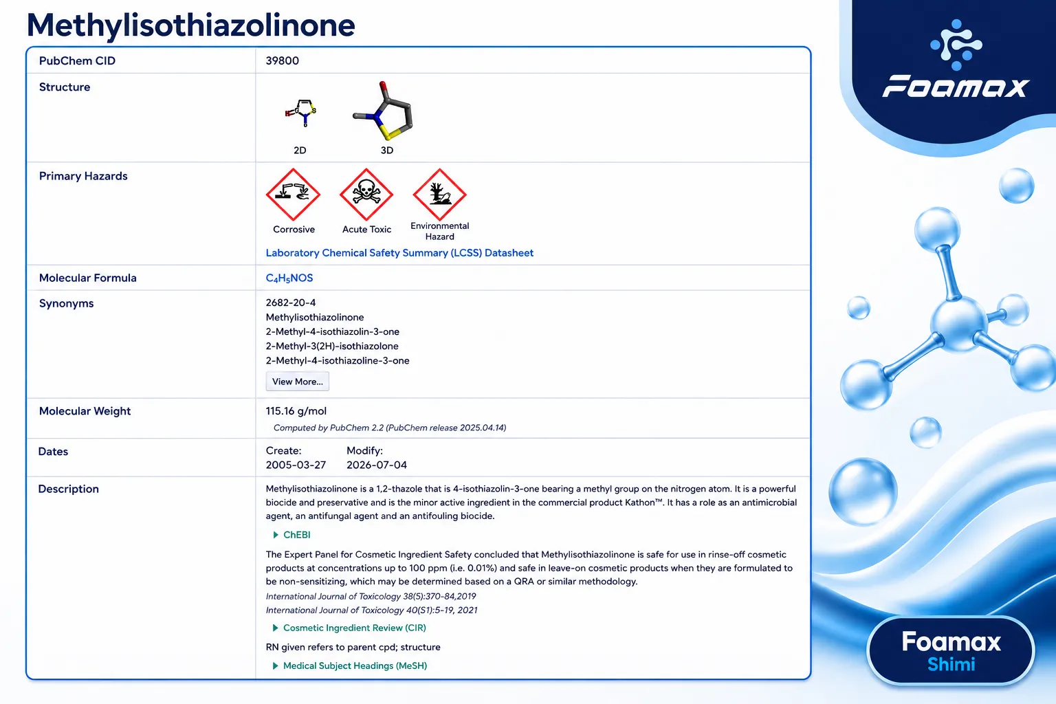 نمایی از صفحه PubChem شامل اطلاعات متیل ایزوتیازولینون (Methylisothiazolinone یا MIT) مانند فرمول مولکولی، ساختار شیمیایی، وزن مولکولی، نام‌های مترادف و مشخصات ایمنی
