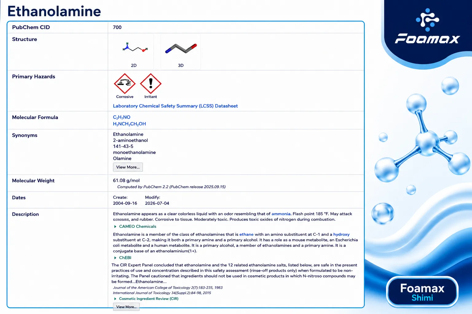 نمایی از صفحه PubChem شامل اطلاعات مونو اتانول آمین (Monoethanolamine یا MEA) شامل فرمول مولکولی، ساختار شیمیایی، وزن مولکولی، نام‌های مترادف و اطلاعات ایمنی