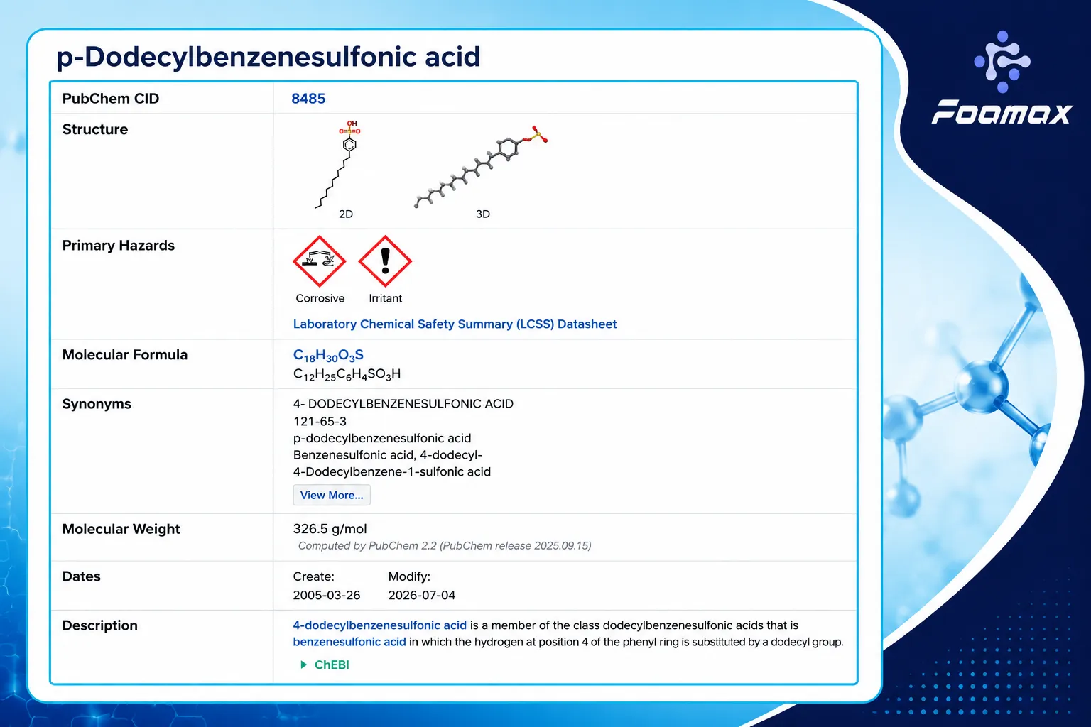 تصویر صفحه PubChem شامل ساختار شیمیایی، فرمول مولکولی، مشخصات و اطلاعات ایمنی p-Dodecylbenzenesulfonic Acid (LABSA) یا اسید سولفونیک خطی آلکیل بنزن