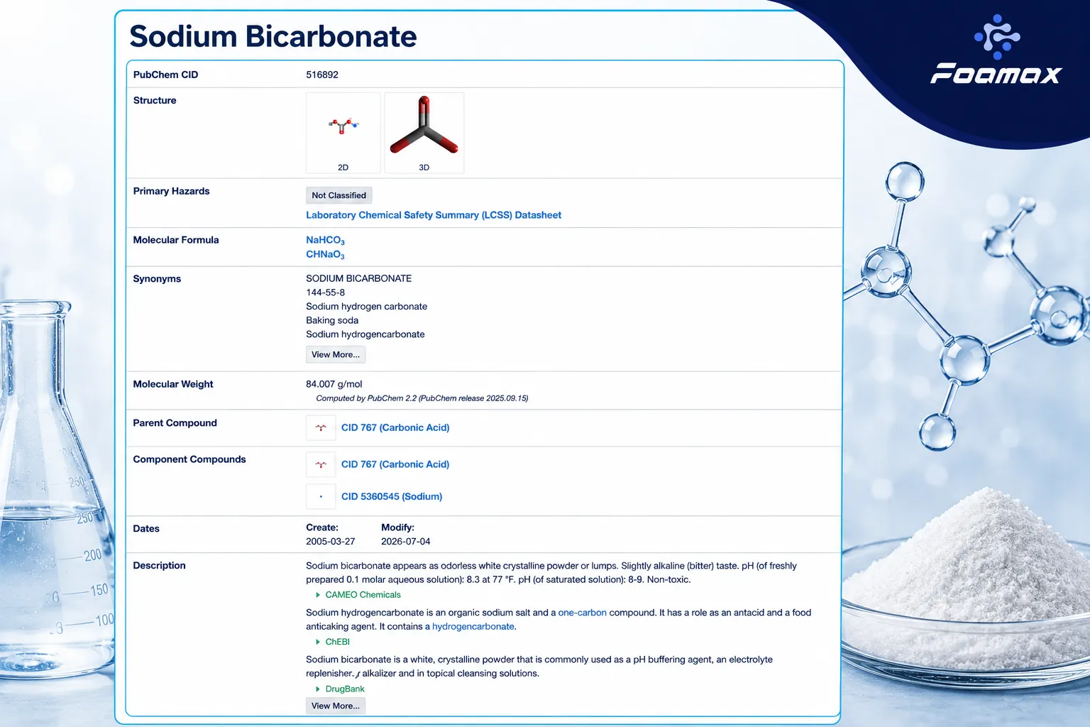 تصویر مشخصات شیمیایی بی‌کربنات سدیم (Sodium Bicarbonate) شامل فرمول NaHCO₃، ساختار مولکولی، جرم مولکولی و اطلاعات مرجع PubChem