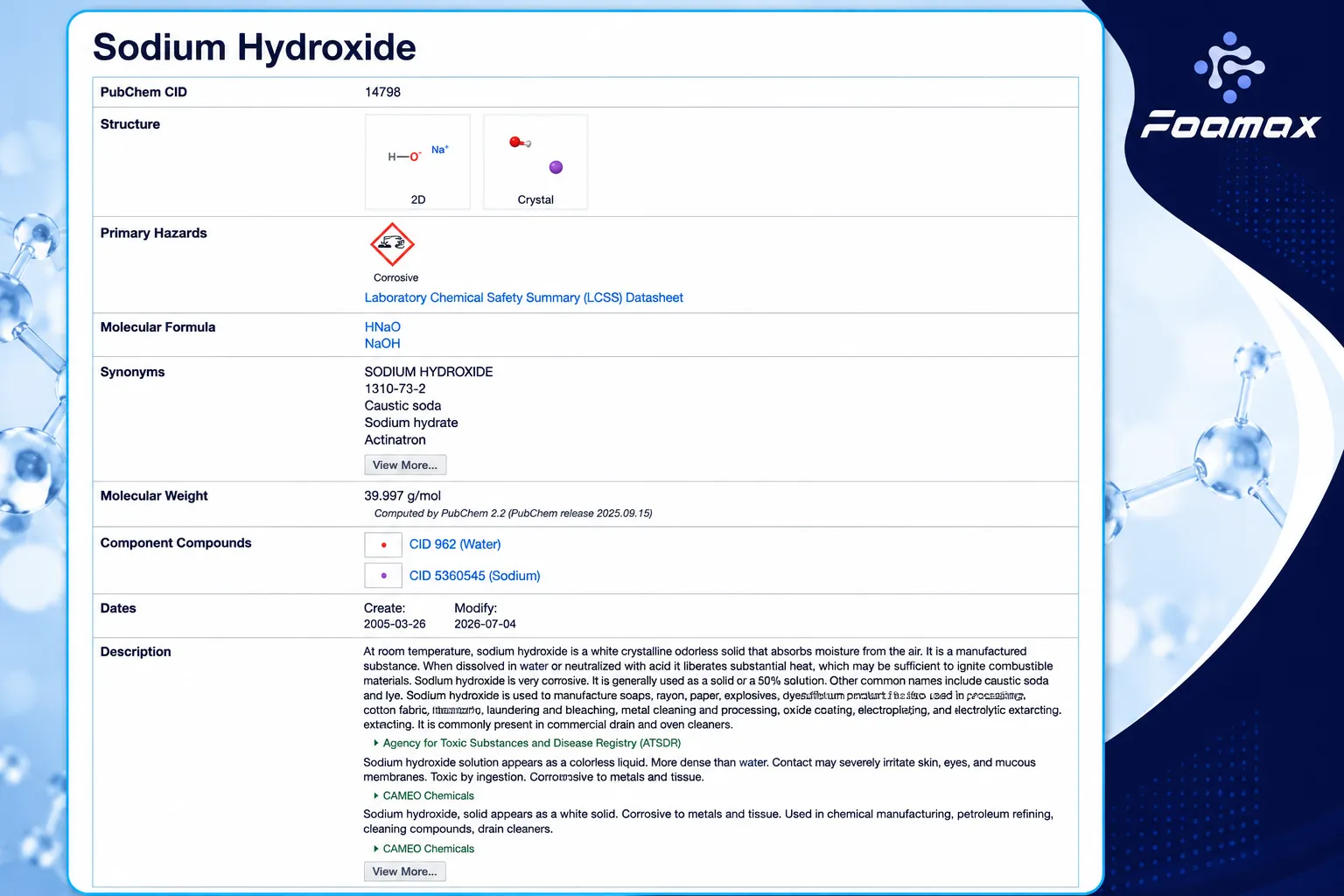 تصویر صفحه PubChem مربوط به سدیم هیدروکسید (Sodium Hydroxide یا Caustic Soda) شامل ساختار شیمیایی، فرمول مولکولی، وزن مولکولی، مشخصات فنی و اطلاعات ایمنی این ماده شیمیایی