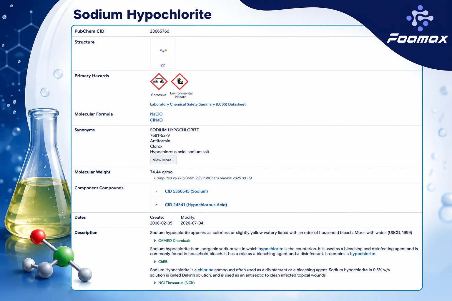 تصویر ساختار شیمیایی، فرمول مولکولی و اطلاعات سدیم هیپوکلریت (Sodium Hypochlorite) یا آب ژاول از پایگاه داده PubChem