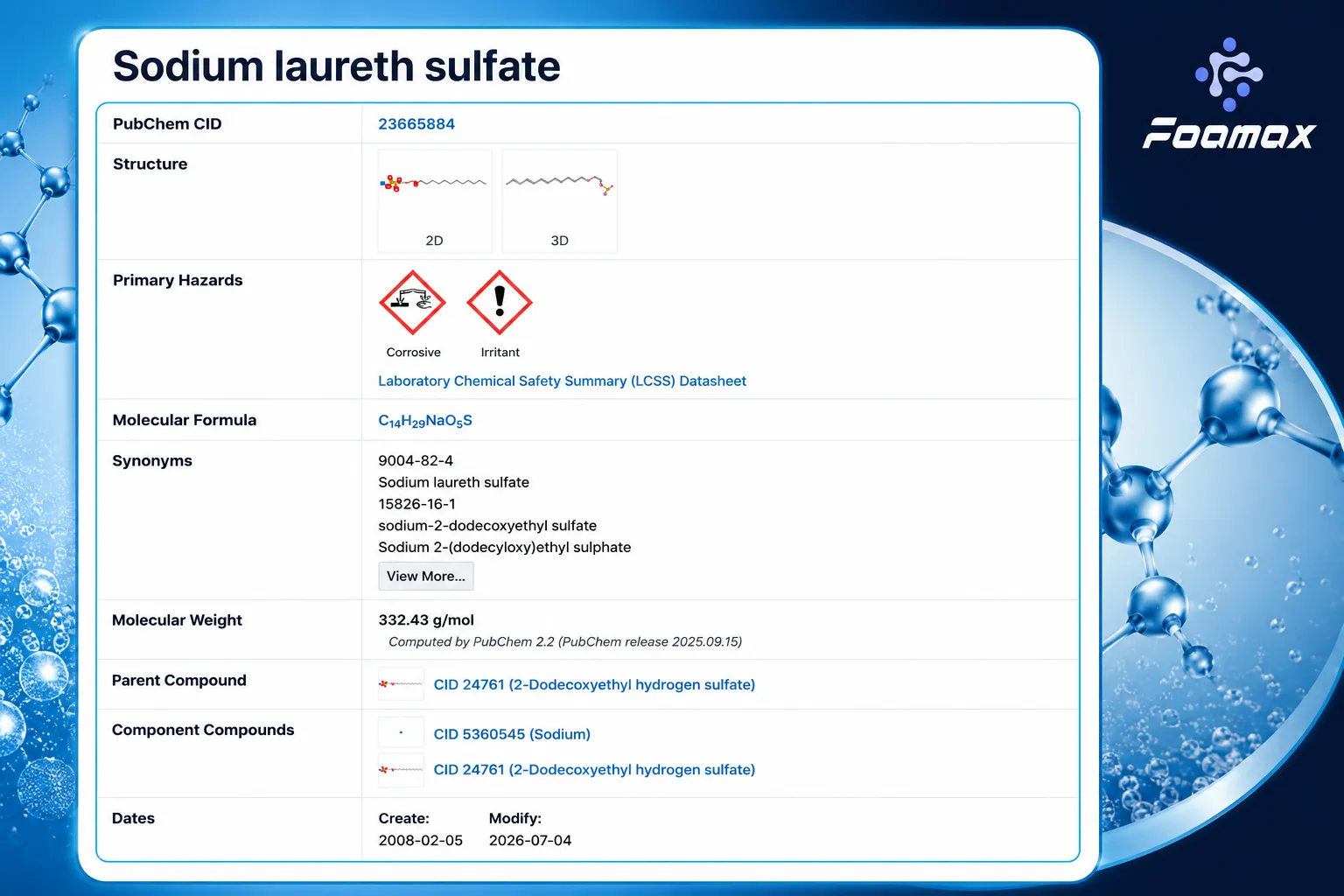 تصویر ساختار شیمیایی، فرمول مولکولی و اطلاعات ماده سدیم لورت سولفات (Sodium Laureth Sulfate - SLES) از پایگاه داده PubChem