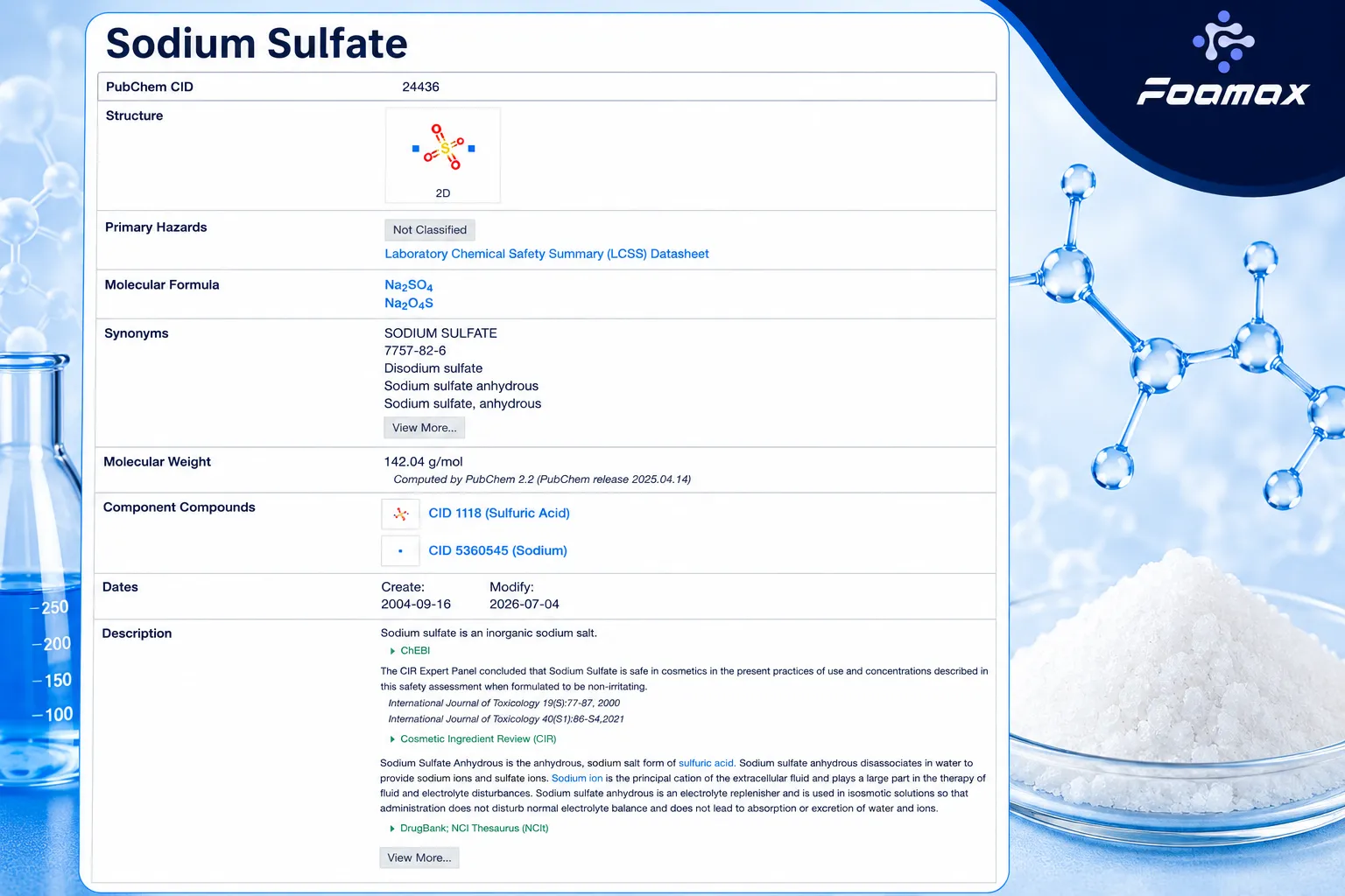 تصویر مشخصات شیمیایی سدیم سولفات (Sodium Sulfate) شامل فرمول Na₂SO₄، ساختار مولکولی، جرم مولکولی، طبقه‌بندی خطرات و اطلاعات مرجع PubChem