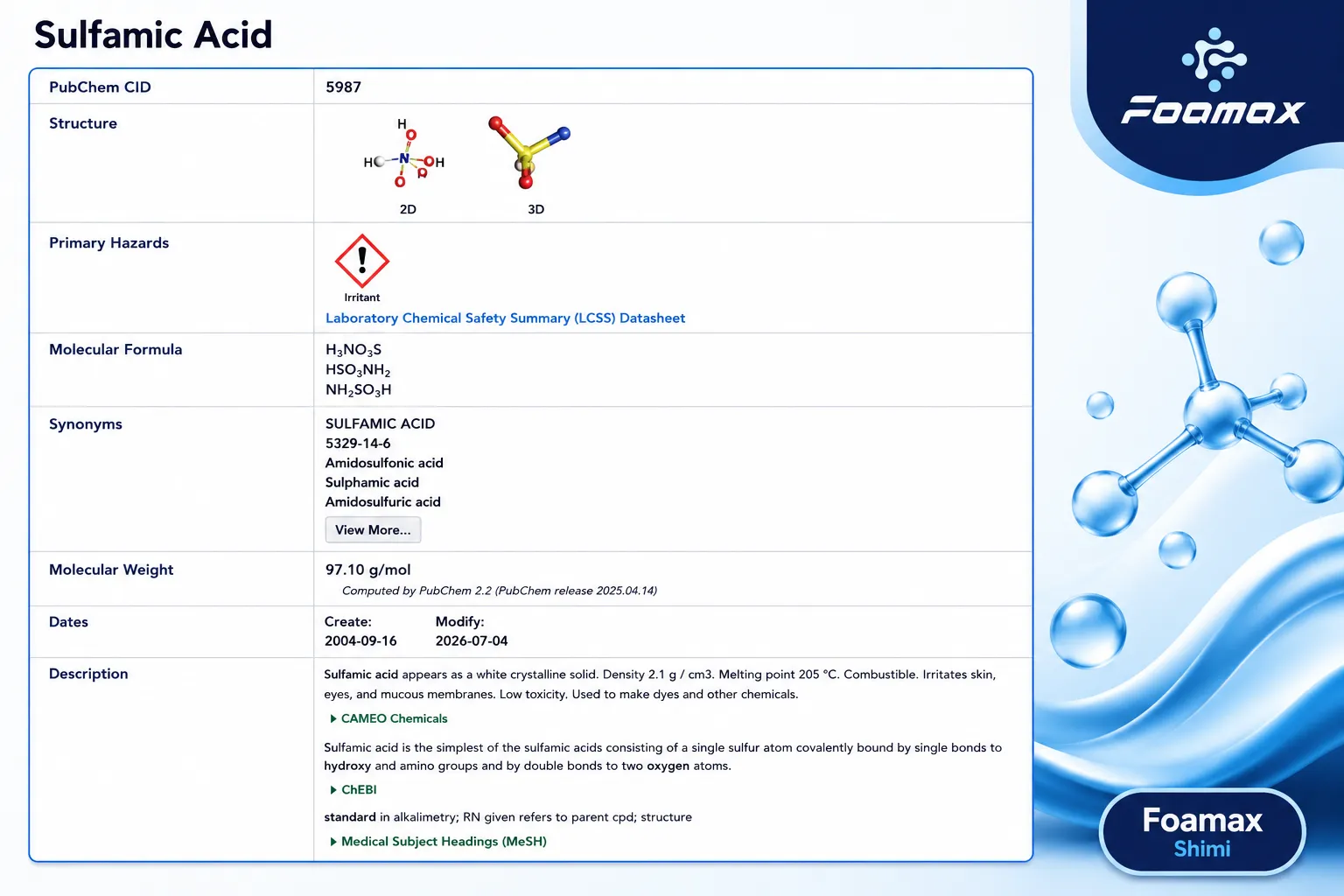 نمایی از صفحه PubChem شامل اطلاعات اسید سولفامیک (Sulfamic Acid) مانند فرمول مولکولی، ساختار شیمیایی، وزن مولکولی، نام‌های مترادف و مشخصات ایمنی
