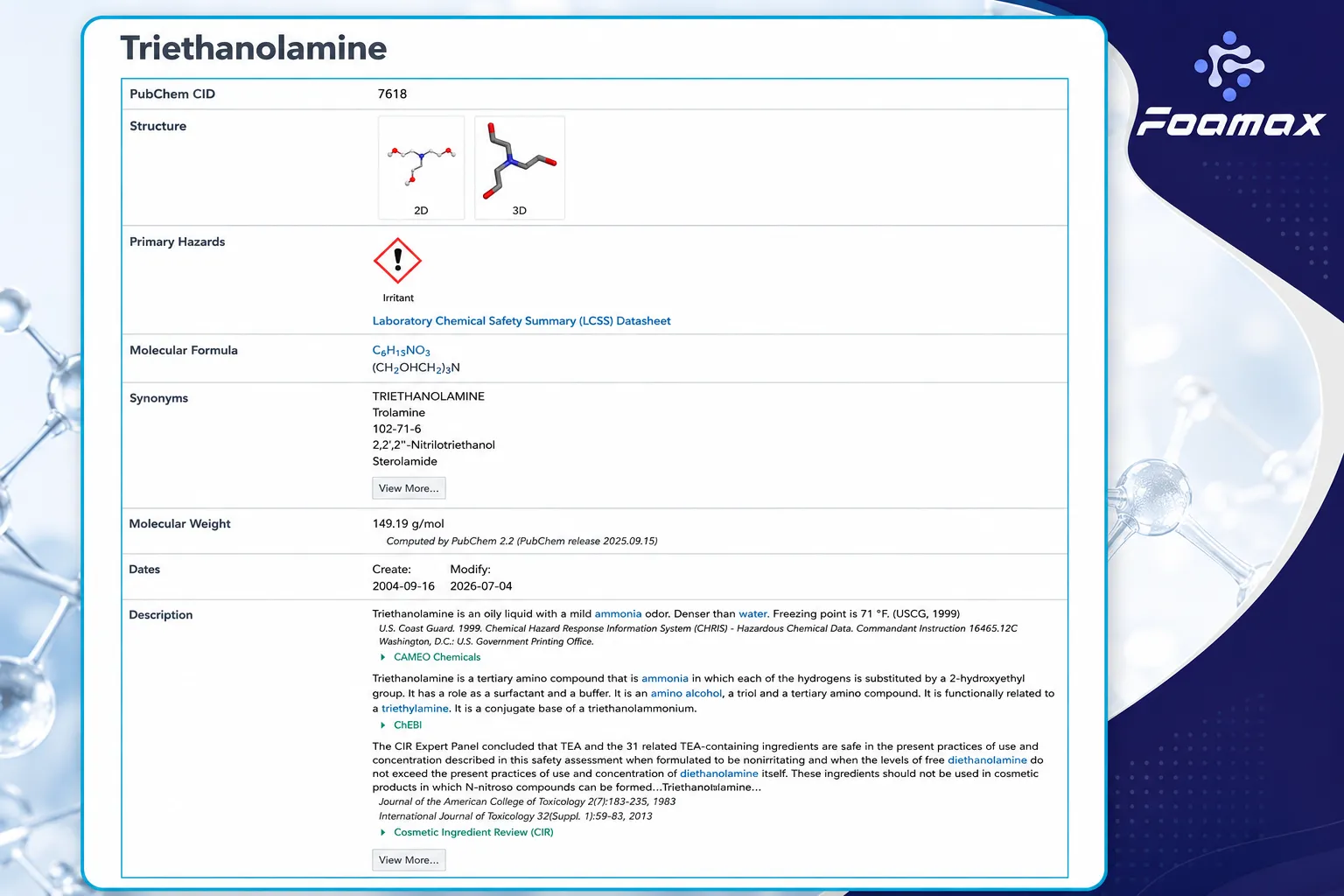 تصویر صفحه PubChem مربوط به تری اتانول آمین (Triethanolamine یا TEA) شامل ساختار شیمیایی، فرمول مولکولی، وزن مولکولی، مشخصات فنی و اطلاعات ایمنی این ماده