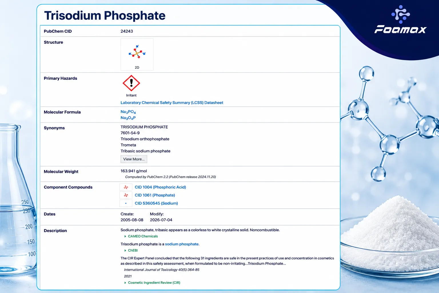 تصویر مشخصات شیمیایی تری سدیم فسفات (Trisodium Phosphate) شامل فرمول Na₃PO₄، ساختار مولکولی، جرم مولکولی، طبقه‌بندی خطرات و اطلاعات مرجع PubChem