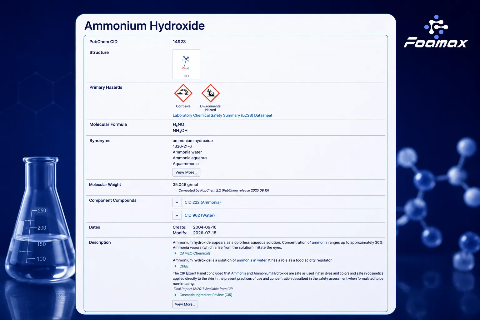 نمایی از صفحه PubChem مربوط به Ammonium Hydroxide (محلول آمونیاک) شامل مشخصات شیمیایی، شناسه PubChem CID، فرمول مولکولی و اطلاعات فنی با برند فومکس شیمی