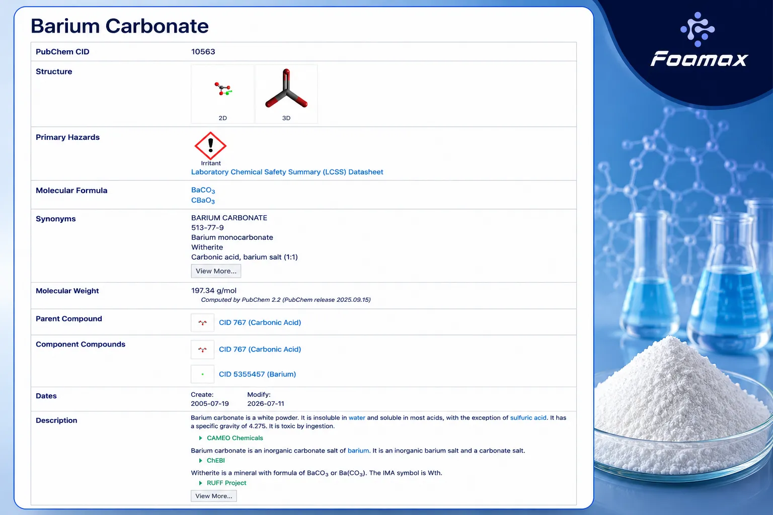 تصویر مشخصات شیمیایی کربنات باریم (Barium Carbonate) شامل فرمول BaCO₃، ساختار مولکولی، جرم مولکولی، طبقه‌بندی خطرات و اطلاعات مرجع PubChem