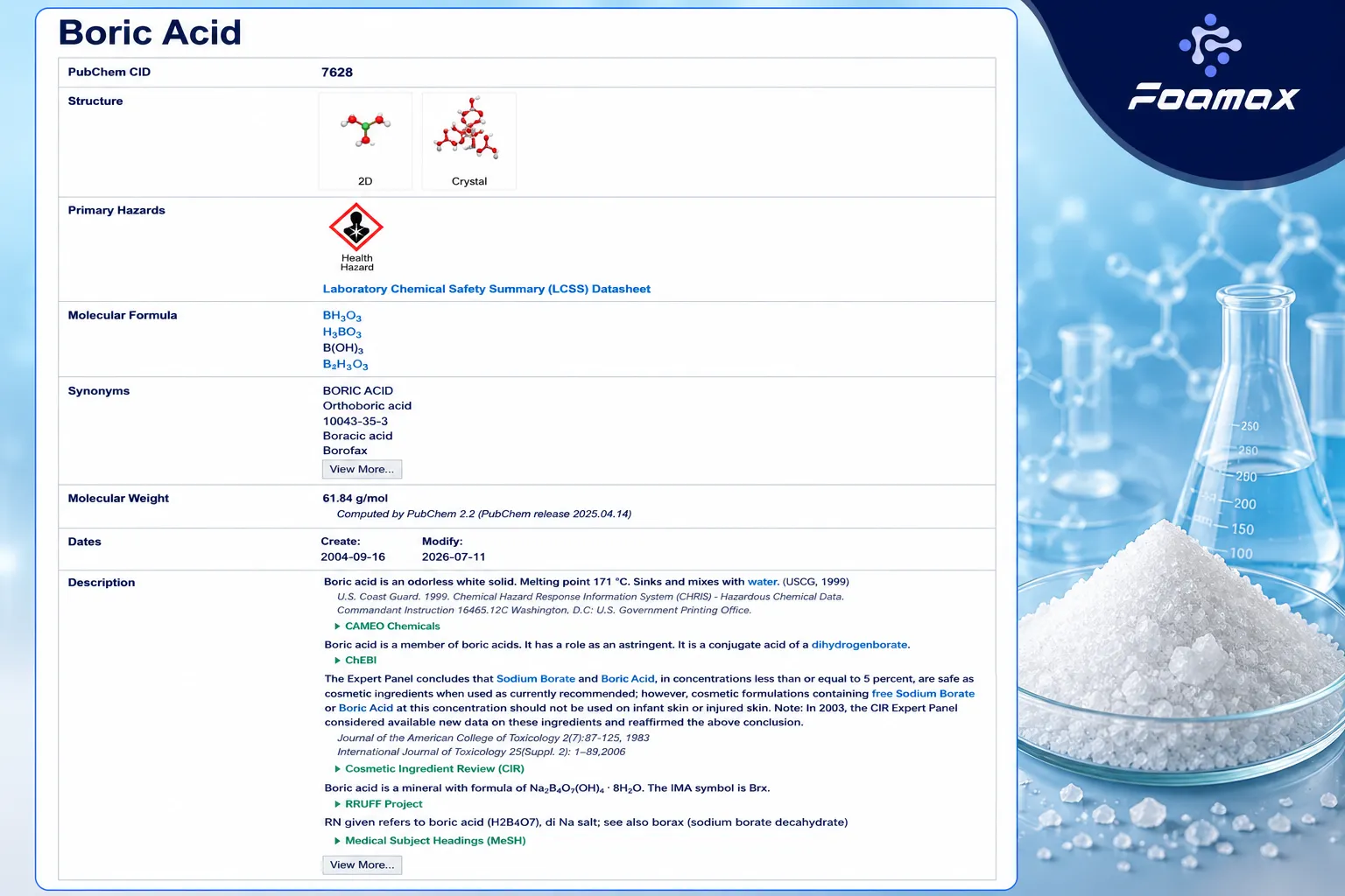 تصویر مشخصات شیمیایی اسید بوریک (Boric Acid) شامل فرمول H₃BO₃، ساختار مولکولی، جرم مولکولی، طبقه‌بندی خطرات و اطلاعات مرجع PubChem