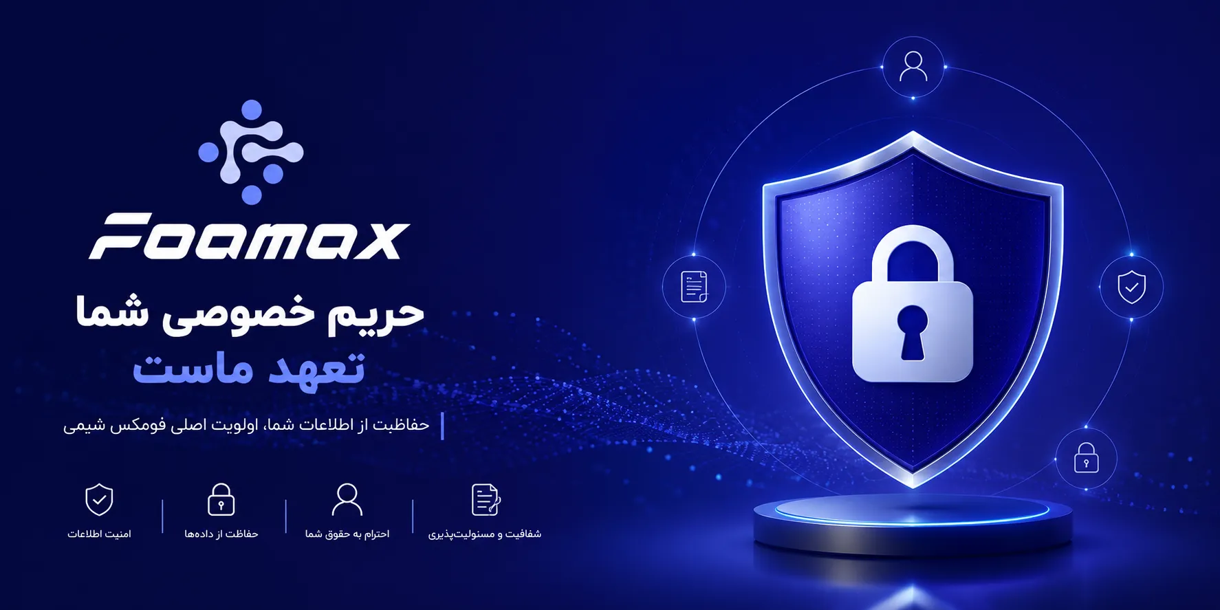 بنر صفحه حریم خصوصی فومکس شیمی با نماد سپر امنیت، قفل و لوگوی فومکس، نشان‌دهنده تعهد به حفاظت از اطلاعات و حریم خصوصی کاربران.