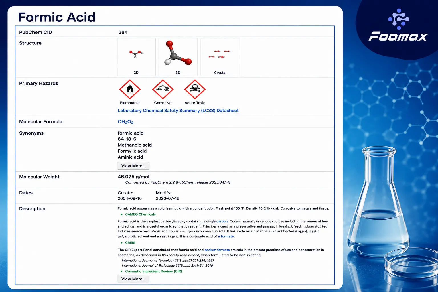 تصویر مشخصات شیمیایی اسید فرمیک (Formic Acid) شامل فرمول CH₂O₂، ساختار مولکولی، جرم مولکولی، طبقه‌بندی خطرات و اطلاعات مرجع PubChem