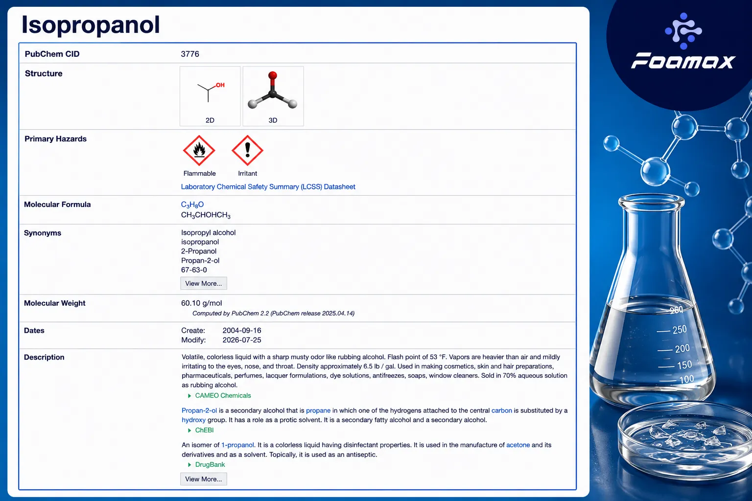 تصویر مشخصات شیمیایی ایزوپروپانول (Isopropanol) شامل فرمول C₃H₈O، ساختار مولکولی، جرم مولکولی، طبقه‌بندی خطرات و اطلاعات مرجع PubChem