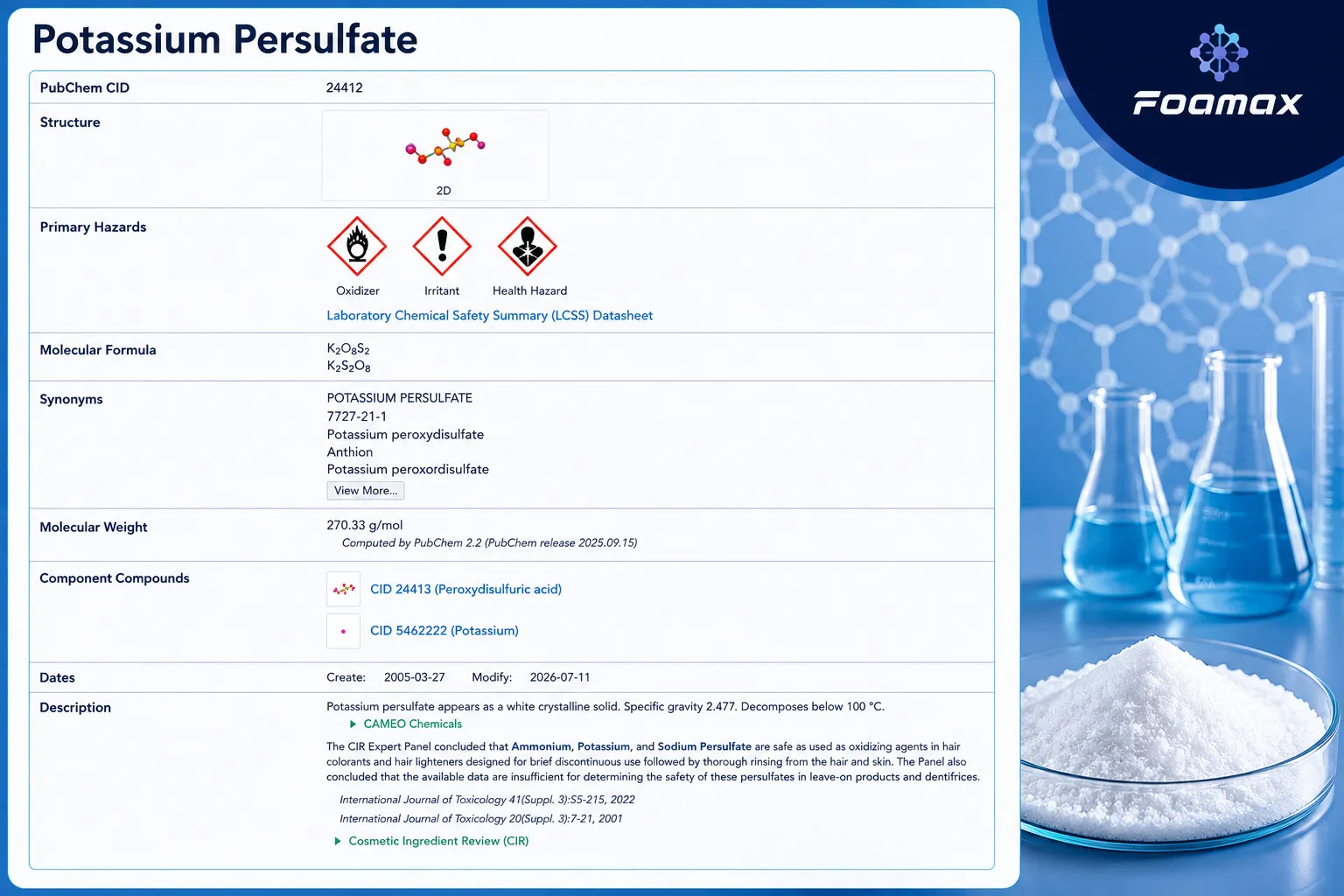 تصویر مشخصات شیمیایی پرسولفات پتاسیم (Potassium Persulfate) شامل فرمول K₂S₂O₈، ساختار مولکولی، جرم مولکولی، طبقه‌بندی خطرات و اطلاعات مرجع PubChem