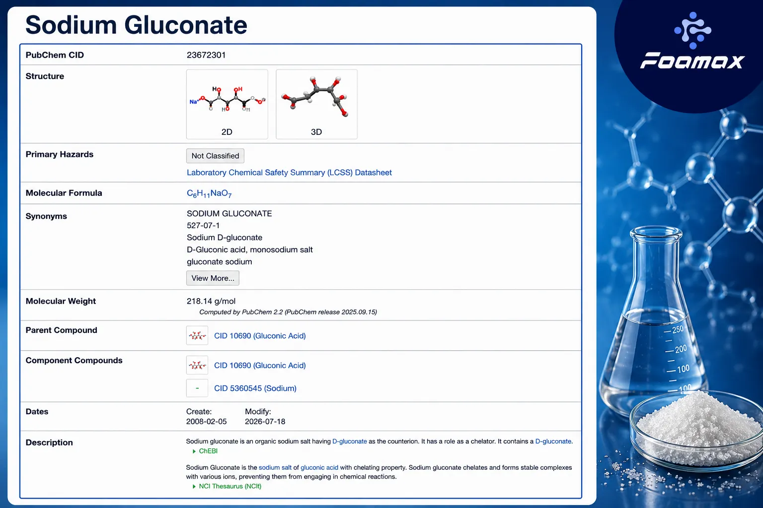 تصویر مشخصات شیمیایی سدیم گلوکونات (Sodium Gluconate) شامل فرمول C₆H₁₁NaO₇، ساختار مولکولی، جرم مولکولی، خواص شیمیایی و اطلاعات مرجع PubChem